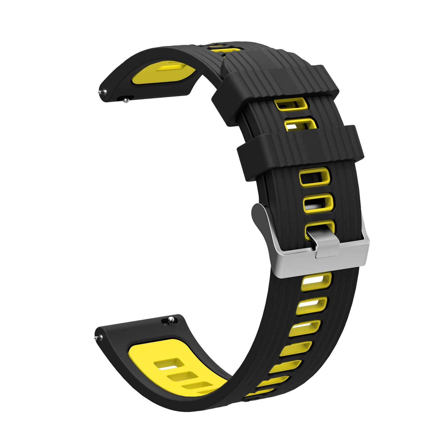 Schwarzes Uhrenarmband mit gelben Innenakzenten und einer silbernen Schnalle.