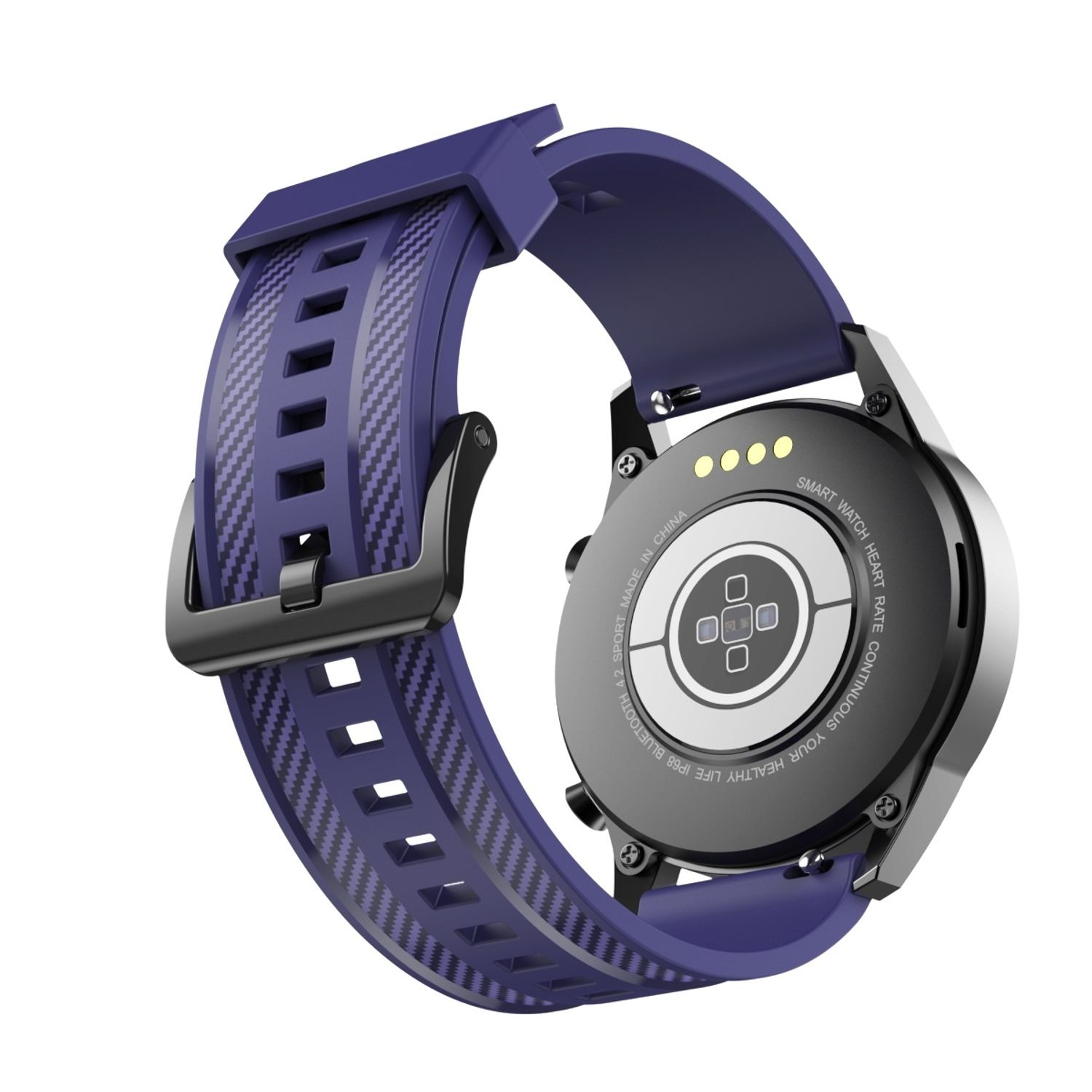 Eine lila Smartwatch mit blauem Armband.