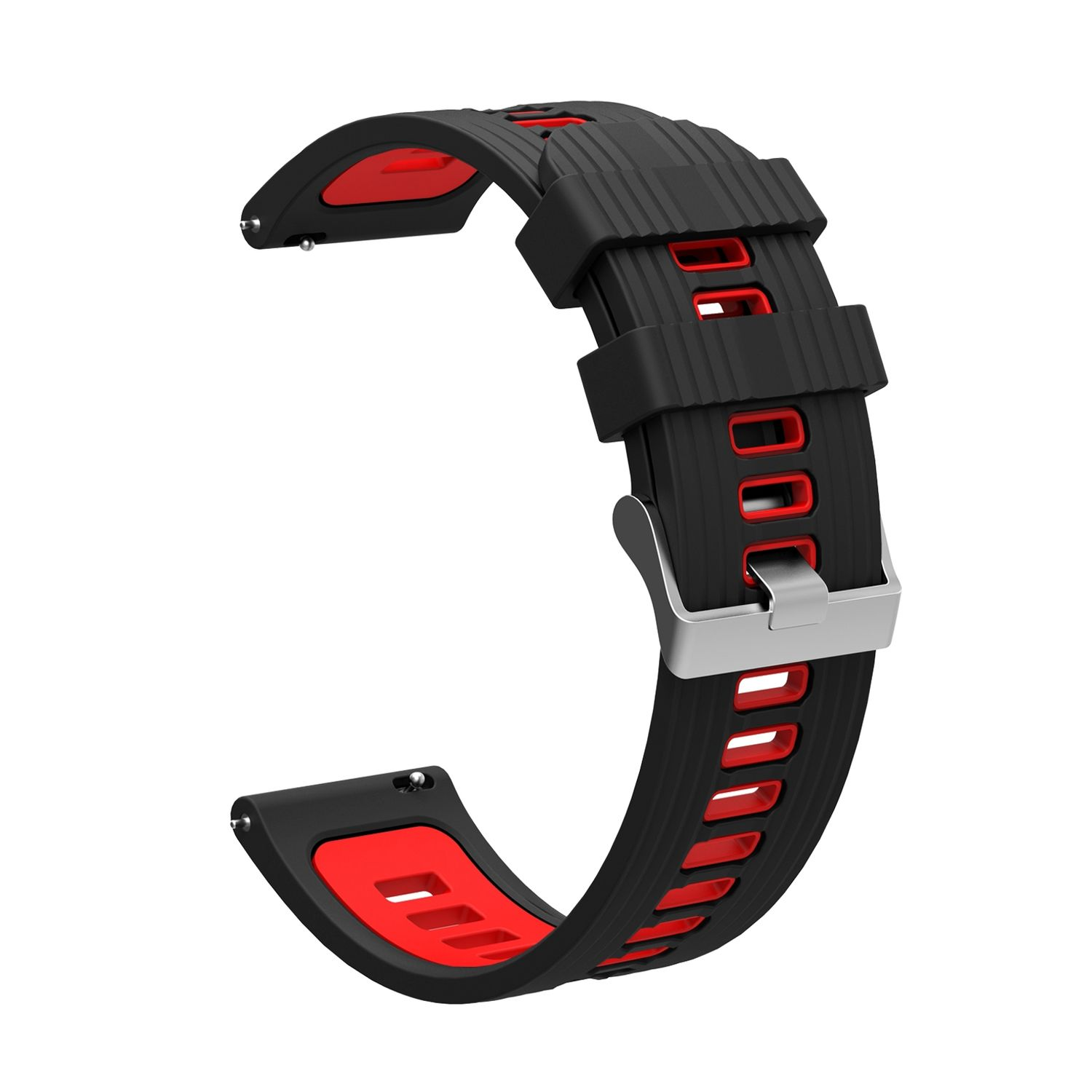 Schwarzes und rotes Uhrenarmband. Das Armband hat eine Metallschnalle und rote Akzente.