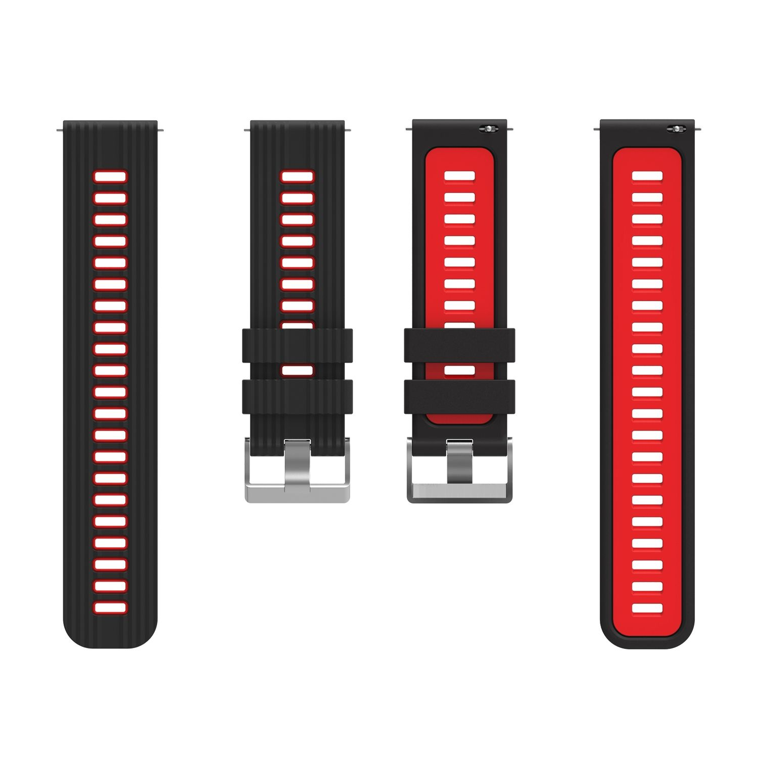 Vier Uhrenarmbänder, zwei schwarz mit roten Akzenten und zwei rot mit schwarzen Akzenten.
