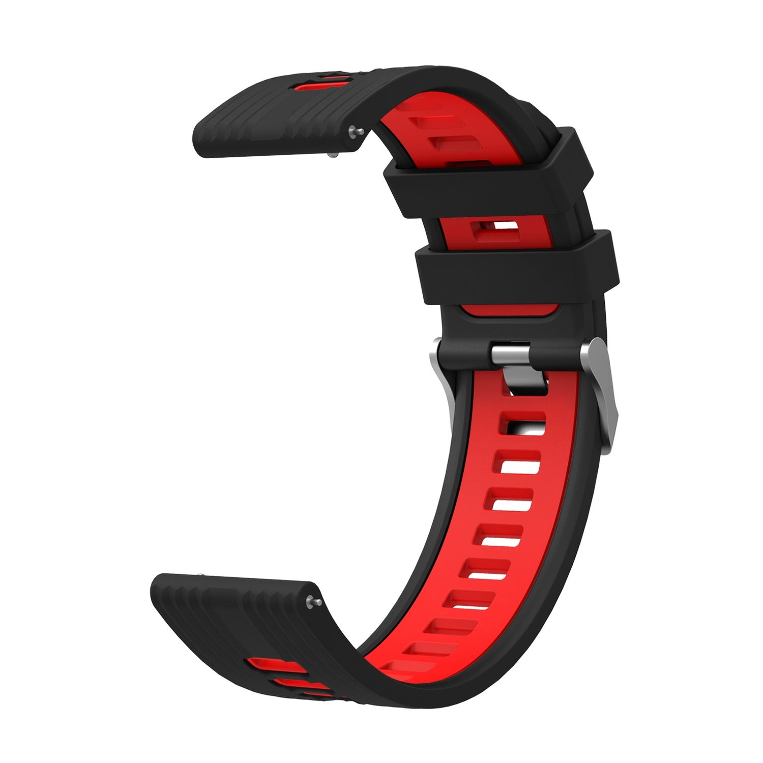 Rotes und schwarzes Uhrenarmband mit Schnalle, isoliert auf Weiß.