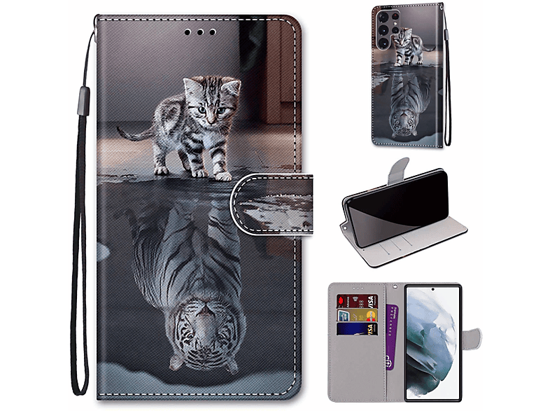 KÖNIG DESIGN Book Case, Bookcover, Samsung, Galaxy S22 Ultra 5G, Katze wird zum Tiger