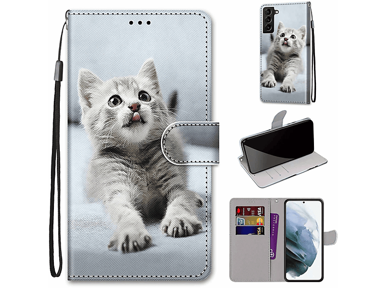 KÖNIG DESIGN Book Case, Bookcover, graue Plus S22 Galaxy Samsung, Kleine 5G, Katze