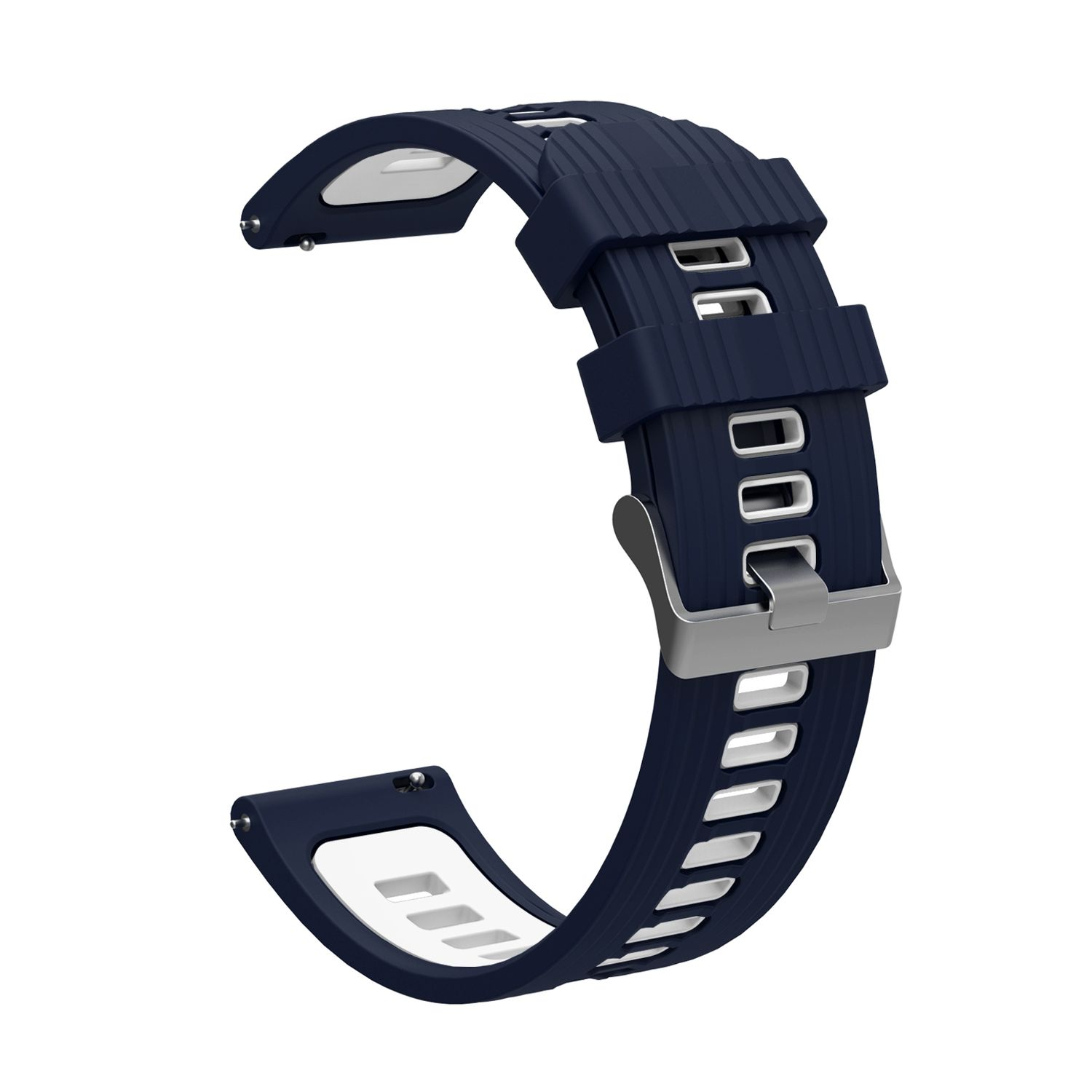 Dunkelblaues Uhrenarmband mit silberner Schnalle. Weißes Innere.