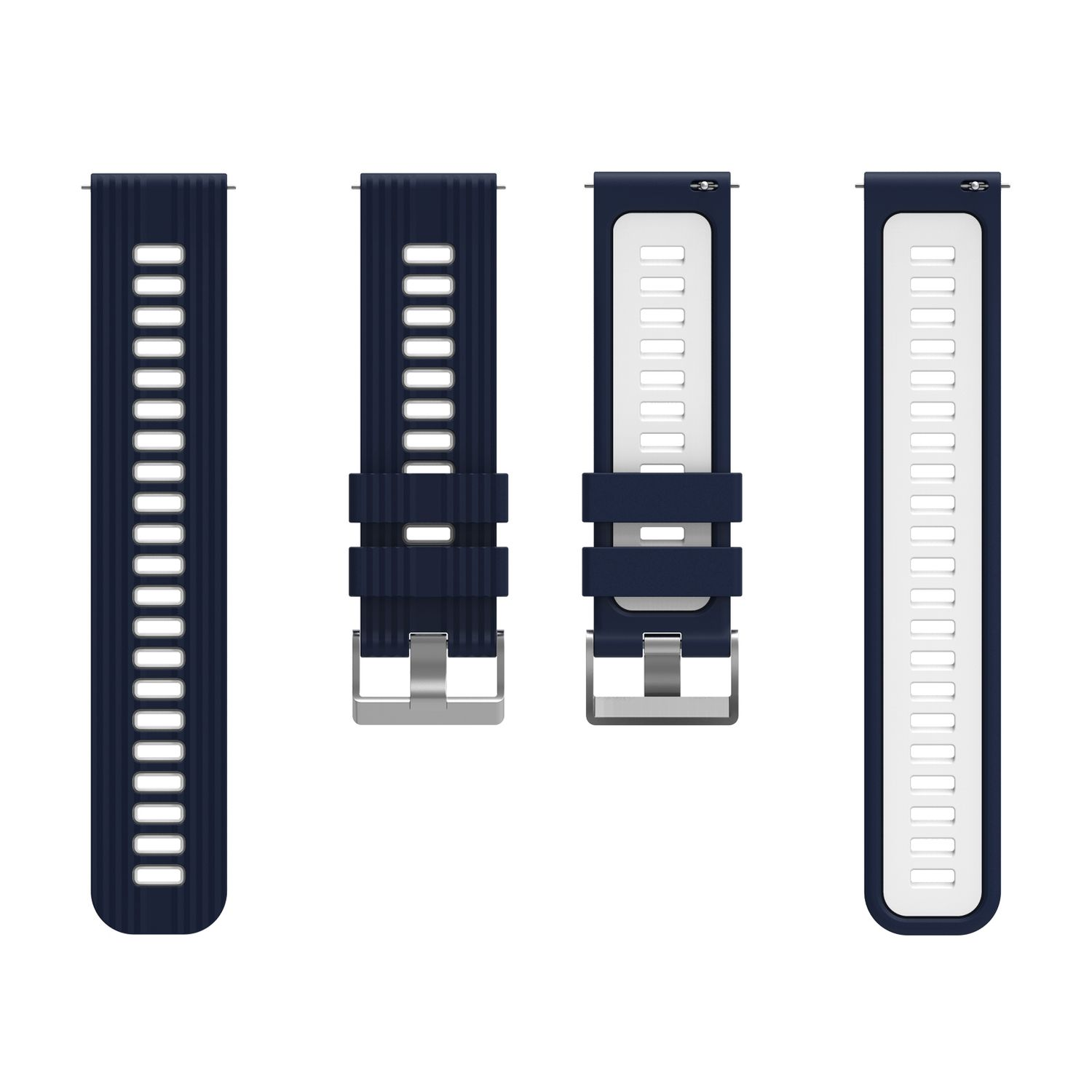 Vier marineblaue Uhrenarmbänder mit weißen Details. Sie haben eine Metallschnalle.