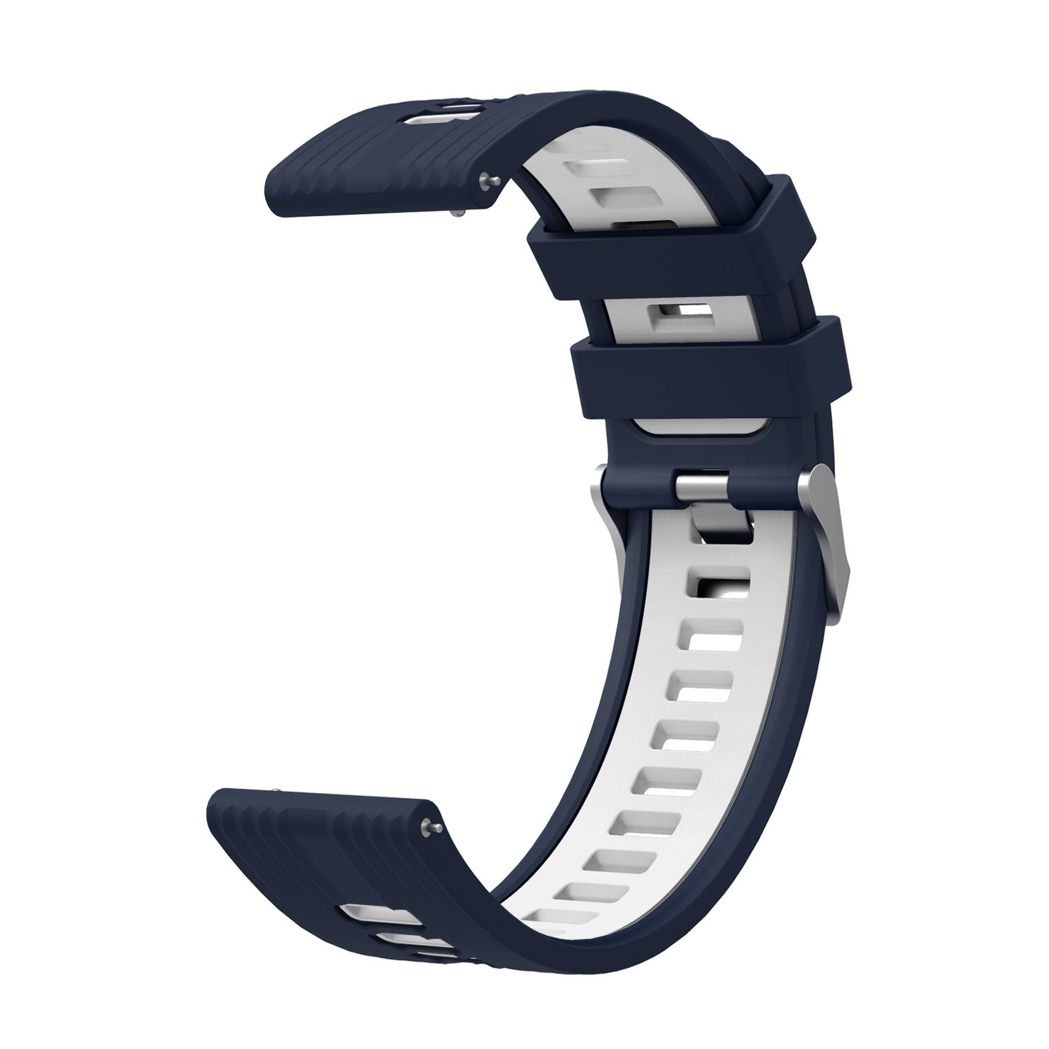 Ein marineblaues und weißes Uhrenarmband mit Metallschnalle auf weißem Hintergrund.
