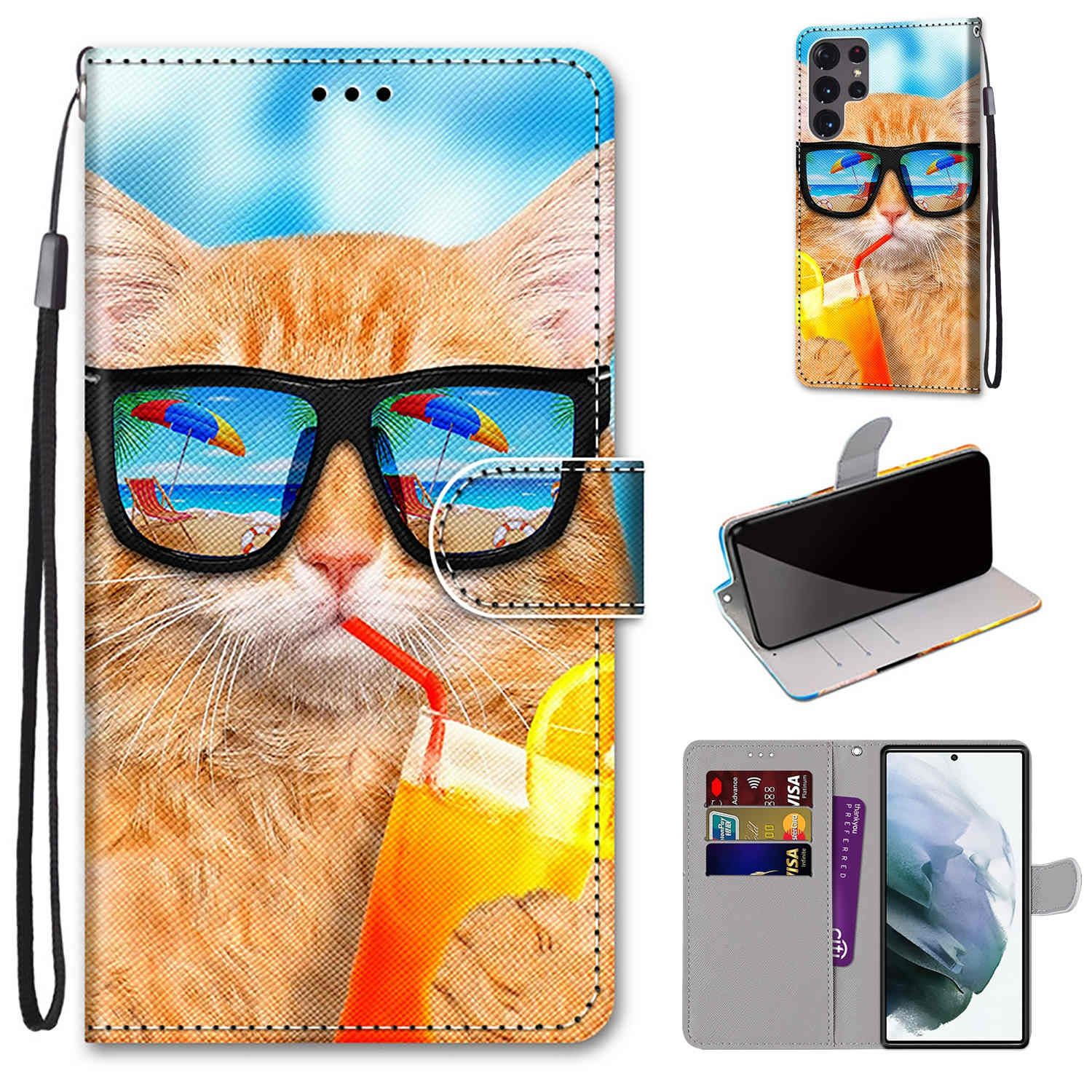 KÖNIG DESIGN Book Case, Ultra 5G, Bookcover, Samsung, S22 Galaxy trinkt Katze Soda