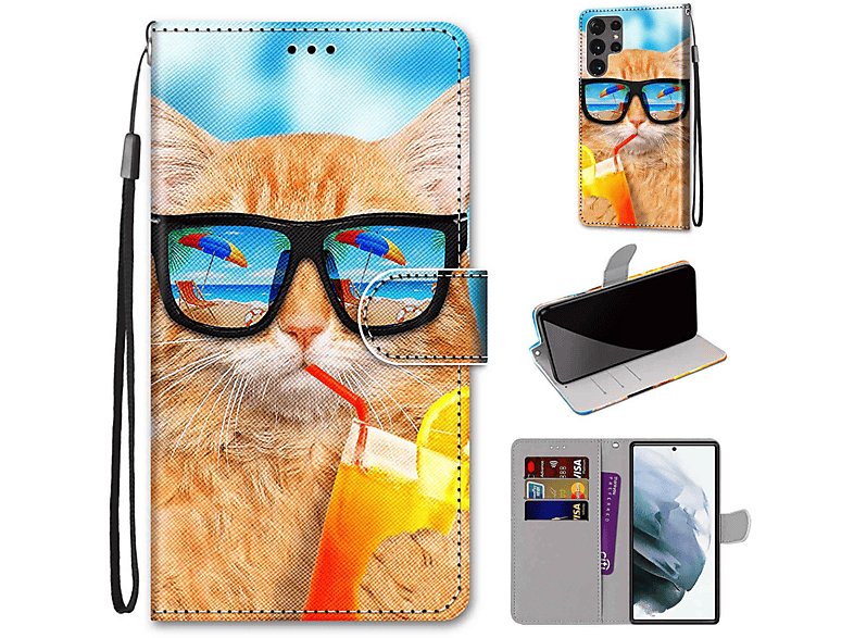 KÖNIG DESIGN Book Case, Bookcover, Samsung, Galaxy S22 Ultra 5G, Katze trinkt Soda