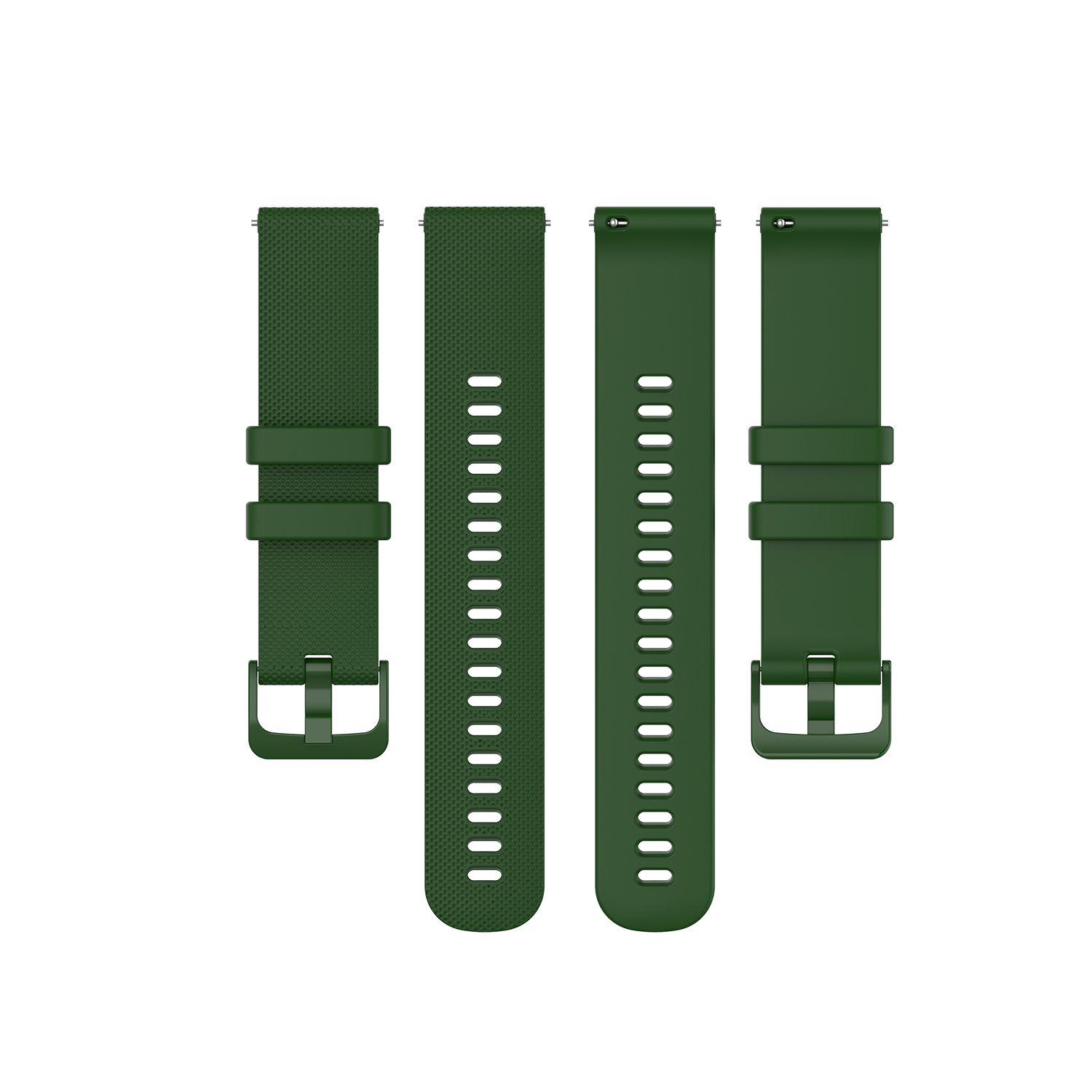 Vier grüne Uhrenarmbänder mit Schnallen.