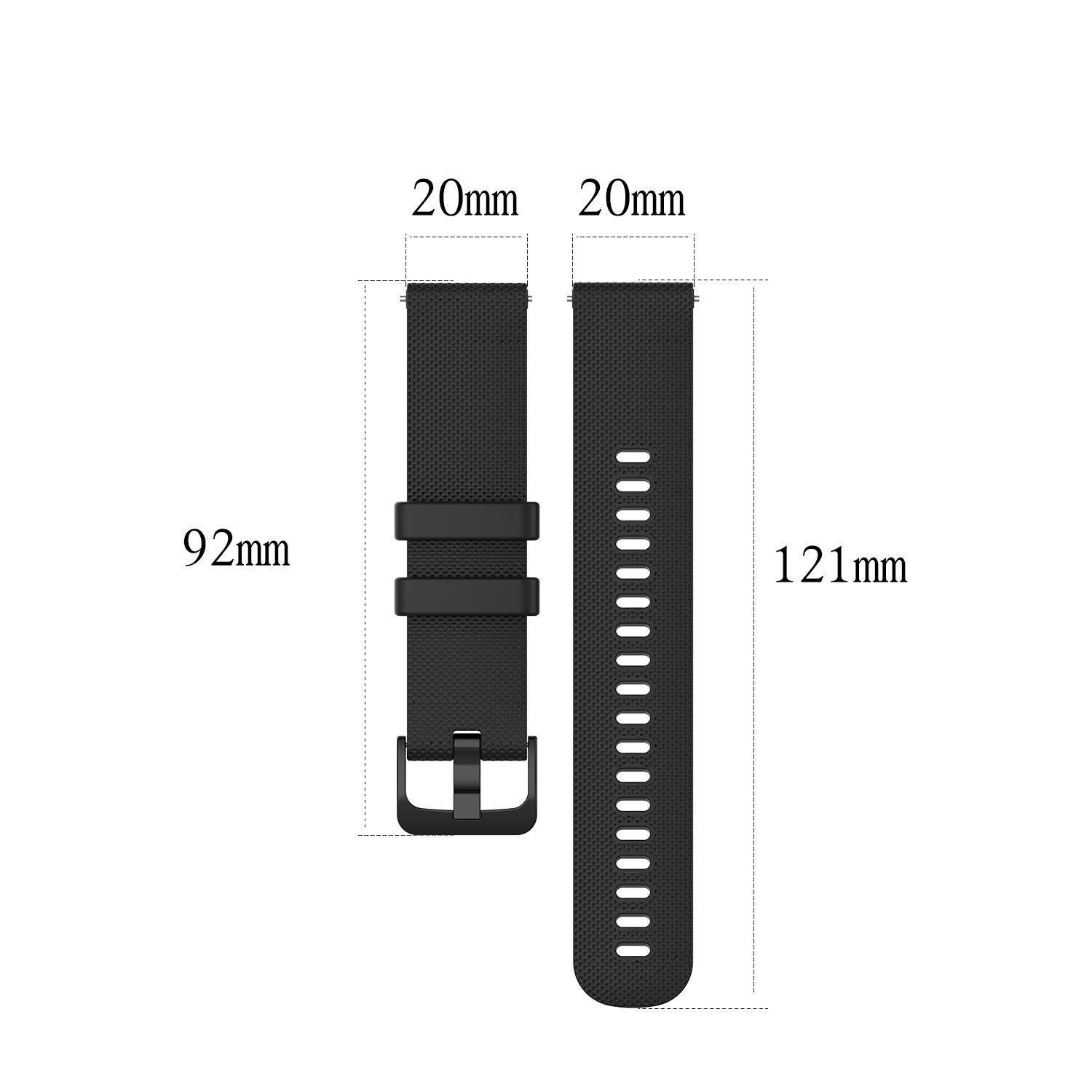 Zwei schwarze Uhrenarmbänder. Maße von 92 mm, 121 mm und 20 mm sind angegeben.