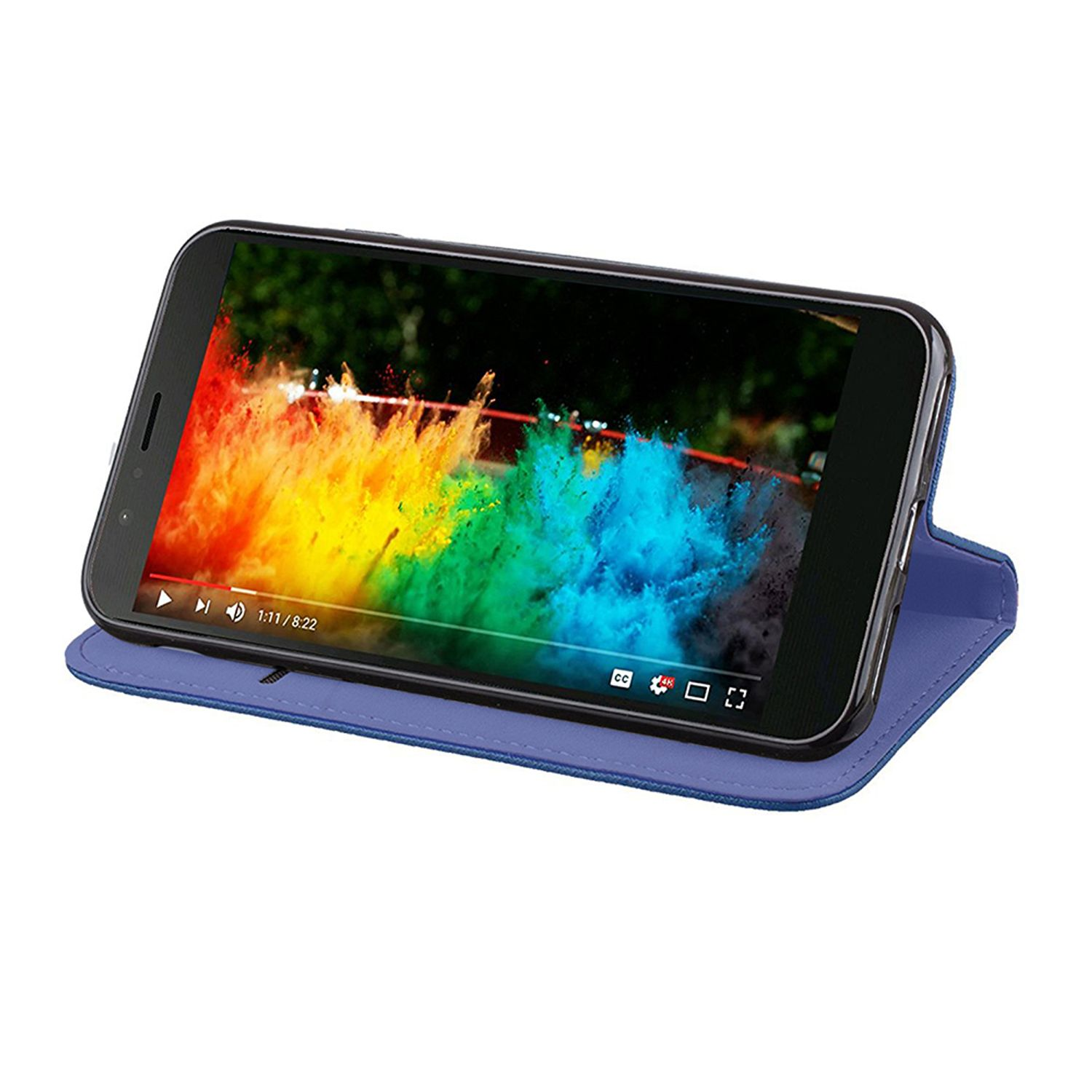 Smartphone in blauem Gehäuse, spielt farbenfrohes Video. Video zeigt Regenbogenfarben.