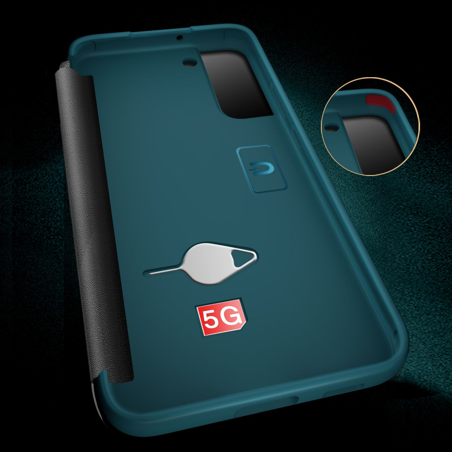 Türkisfarbene Handyhülle mit schwarzem Futter und 5G-Logo. Ein SIM-Tool ist vorhanden. Ein kleiner Kreis zeigt ein Detail.