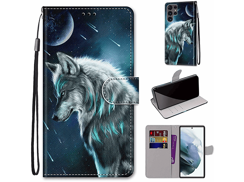 KÖNIG DESIGN Book Case, Bookcover, Samsung, Galaxy S22 Ultra 5G, Nachdenklicher Wolf