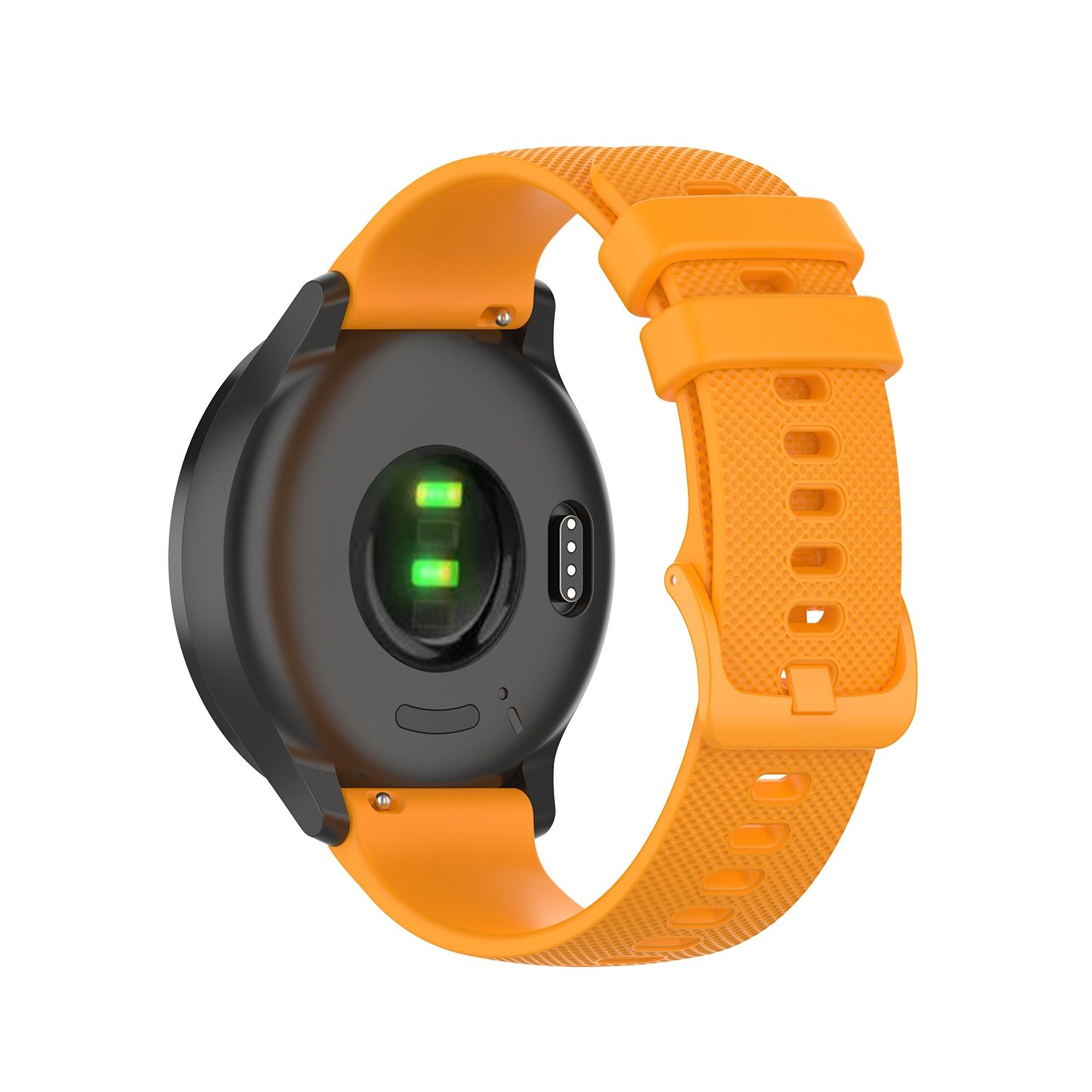 Eine Smartwatch mit orangefarbenem Armband. Die Rückseite der Uhr zeigt Sensoren und Kontaktpunkte.
