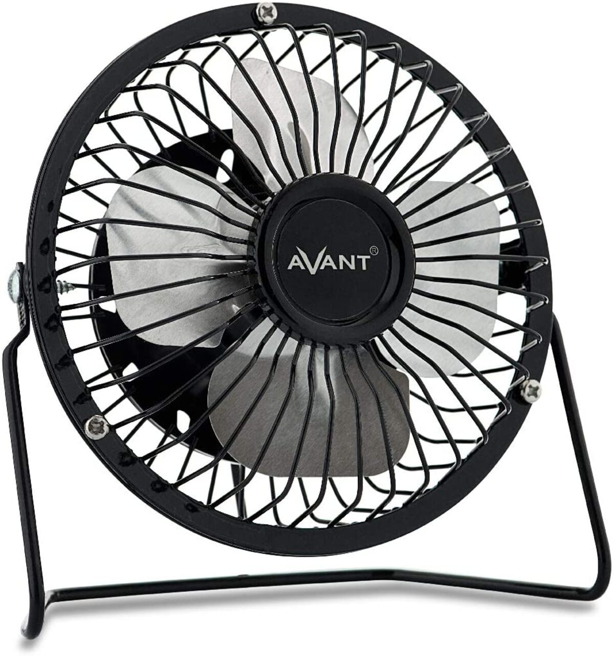 Un pequeño ventilador de mesa Avant negro con jaula de alambre, aspas plateadas y soporte. El fondo es blanco.
