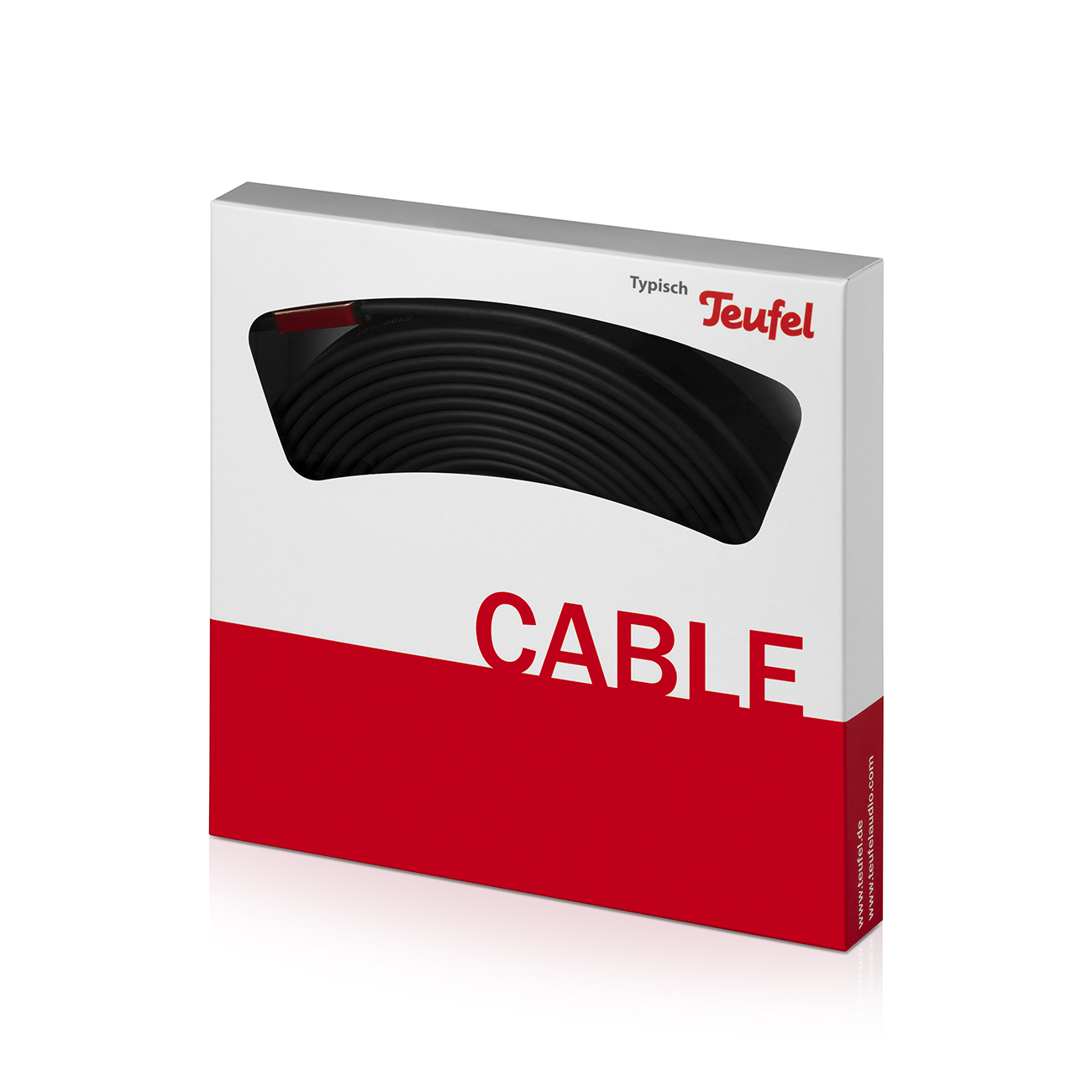 Box mit schwarzem Kabel. Die Box hat das Wort 'CABLE' und das Markenlogo.