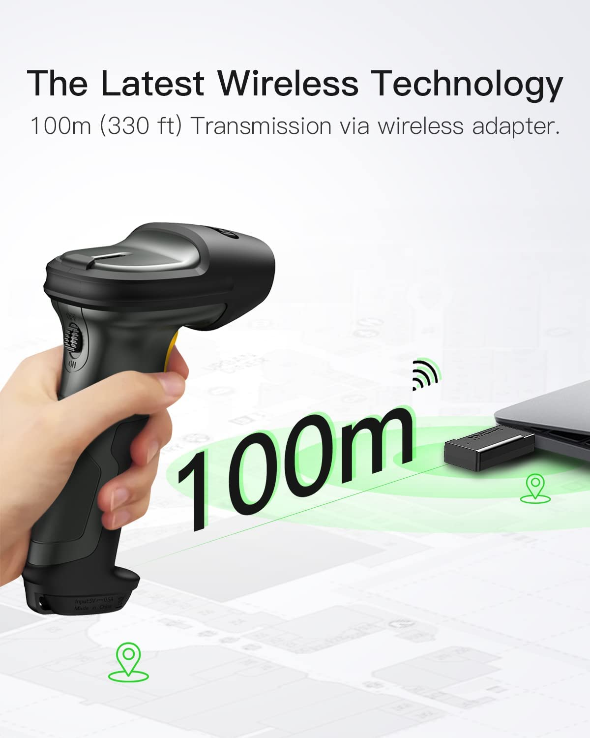 Eine Person hält einen schwarzen Scanner mit gelbem Griff. Text: 100 m, mit WLAN-Adapter.