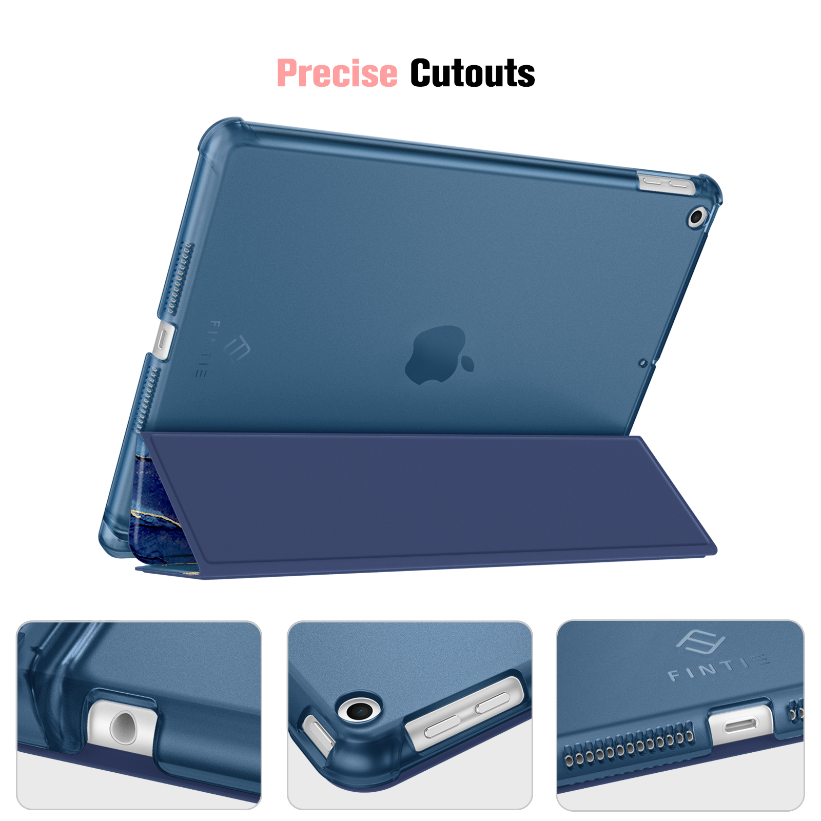 Eine blaue Tablet-Hülle mit Abdeckung, die die Anschlüsse und Knopfausschnitte der Hülle zeigt.