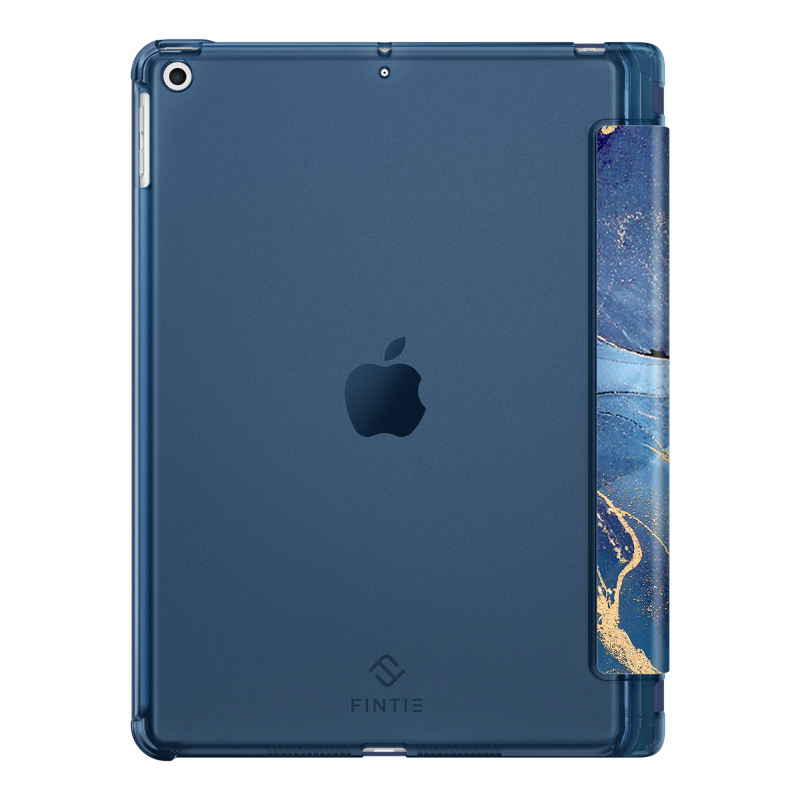 Blaues iPad in einer Hülle mit Seitenabdeckung. Die Hülle hat ein blaues und goldenes Design.