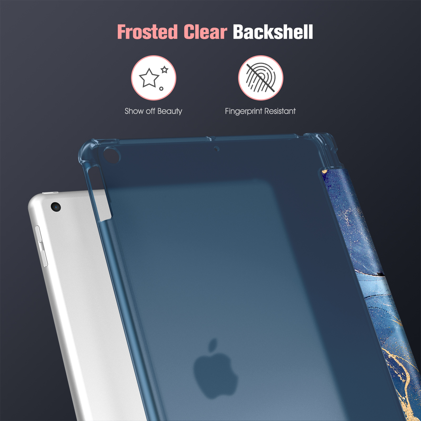 Eine transparente, blau getönte iPad-Rückschale mit mattierter Oberfläche, zeigt Apple-Logo.