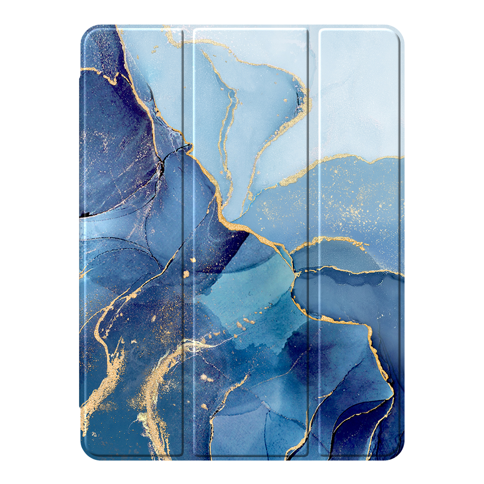 Eine Tablet-Hülle mit einem abstrakten Design in Blau und Gold.