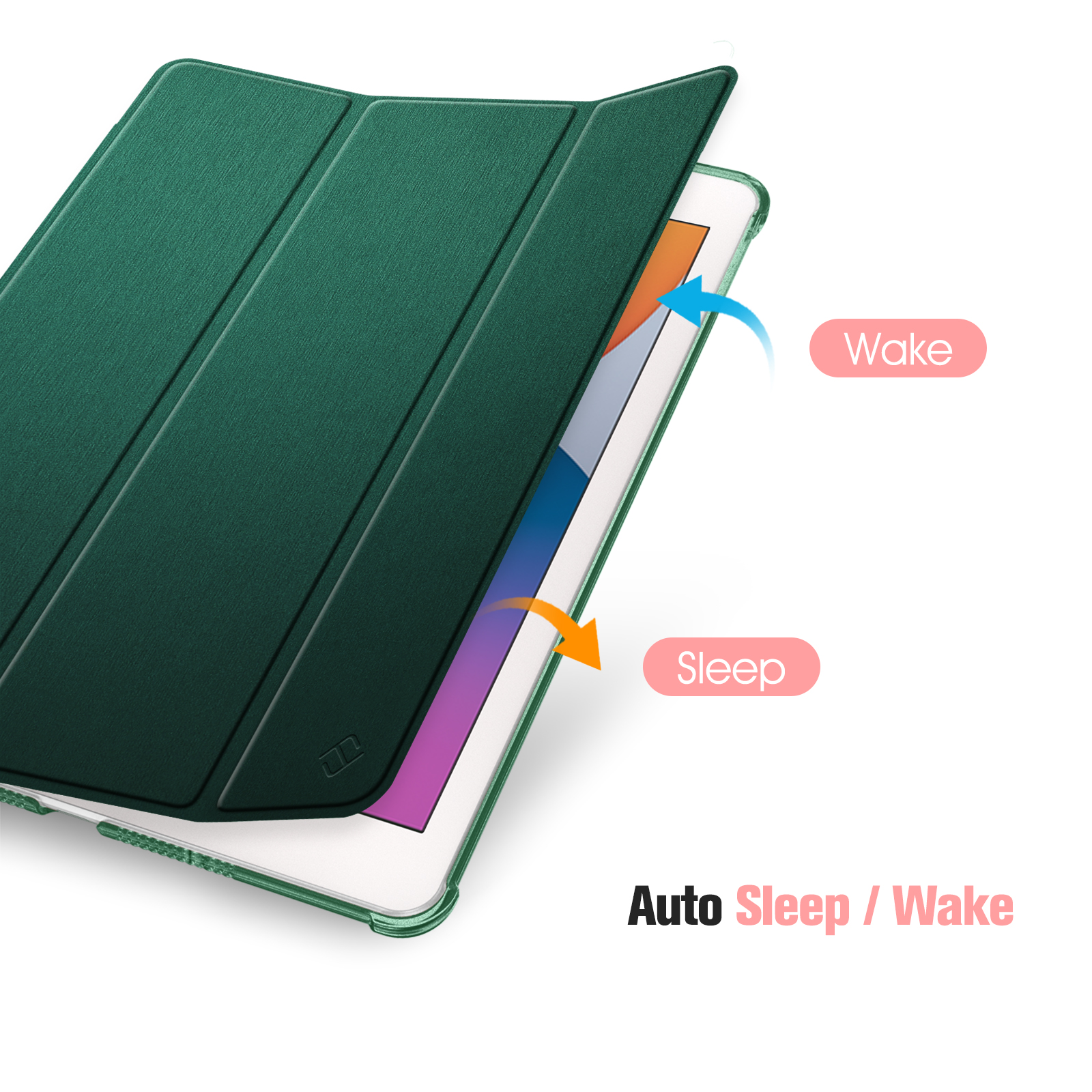 Eine grüne iPad-Hülle, geöffnet, um ein Tablet zu zeigen. Mit Auto-Sleep/Wake.
