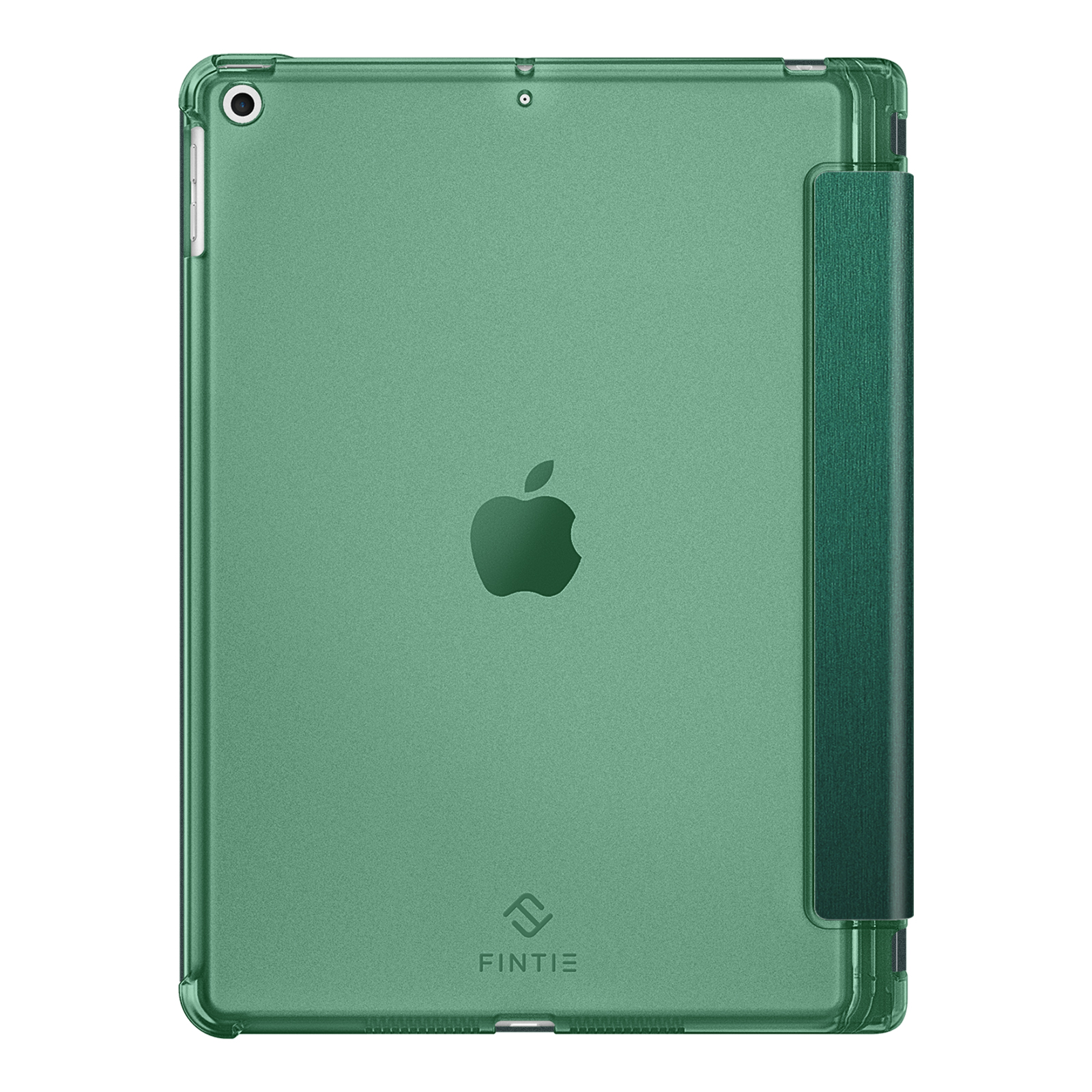 Grüne iPad-Hülle mit Apple-Logo. Sie hat eine Magnetabdeckung auf der rechten Seite.