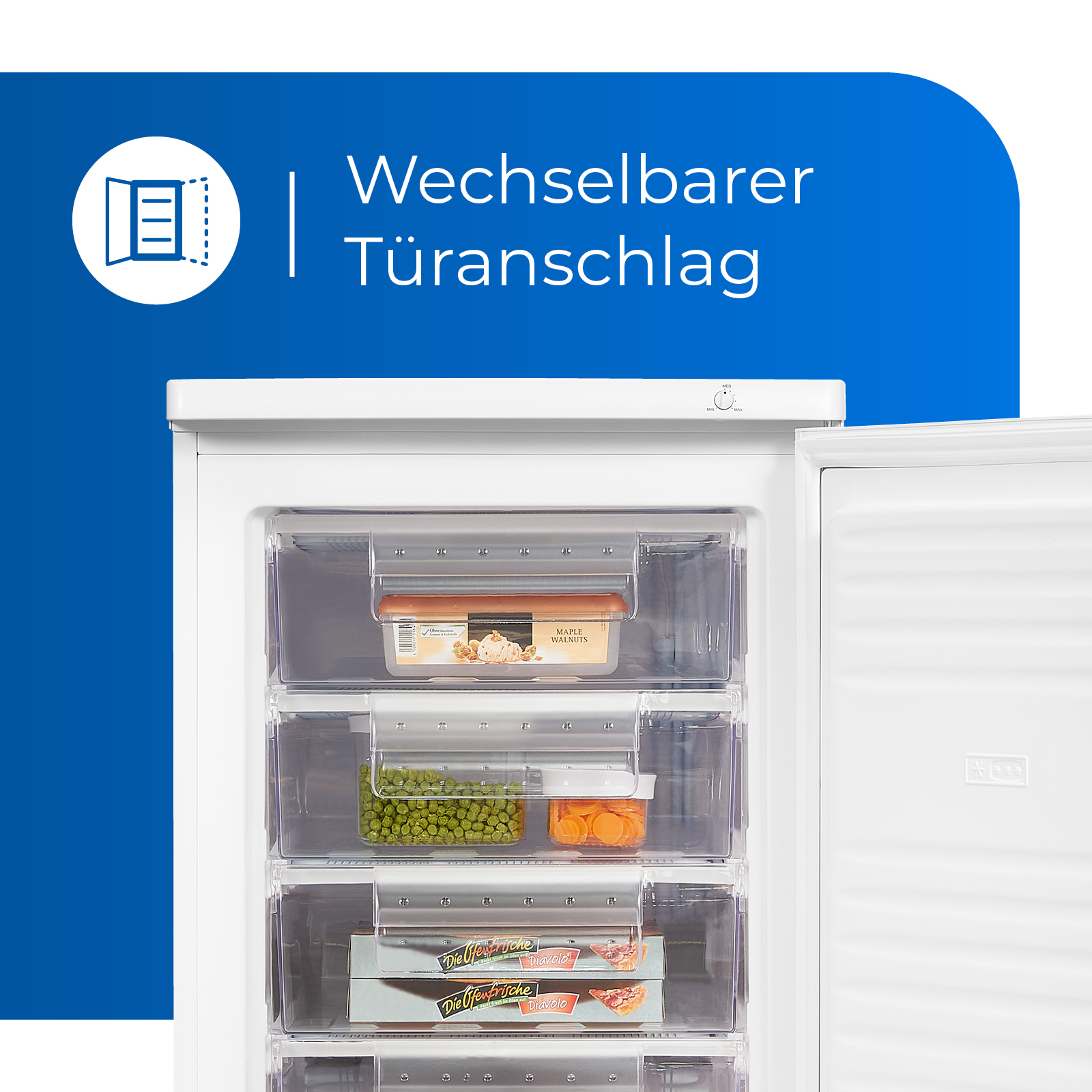Gefrierschrank mit sichtbaren Schubladen mit Lebensmitteln, offen, mit Text: Wechselbarer Türanschlag.