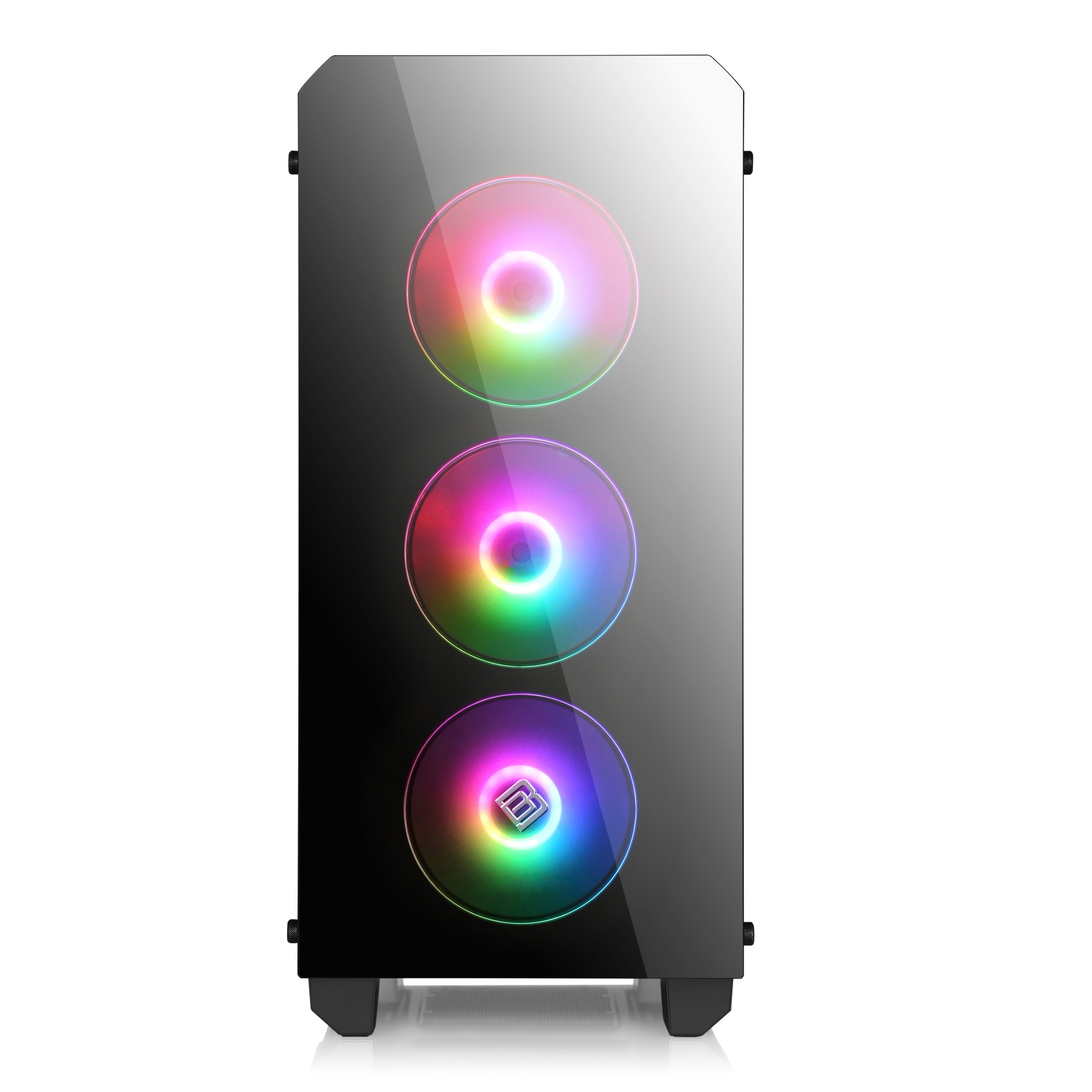 Computergehäuse. Es hat drei Lüfter mit RGB-Beleuchtung und eine Glasfront.