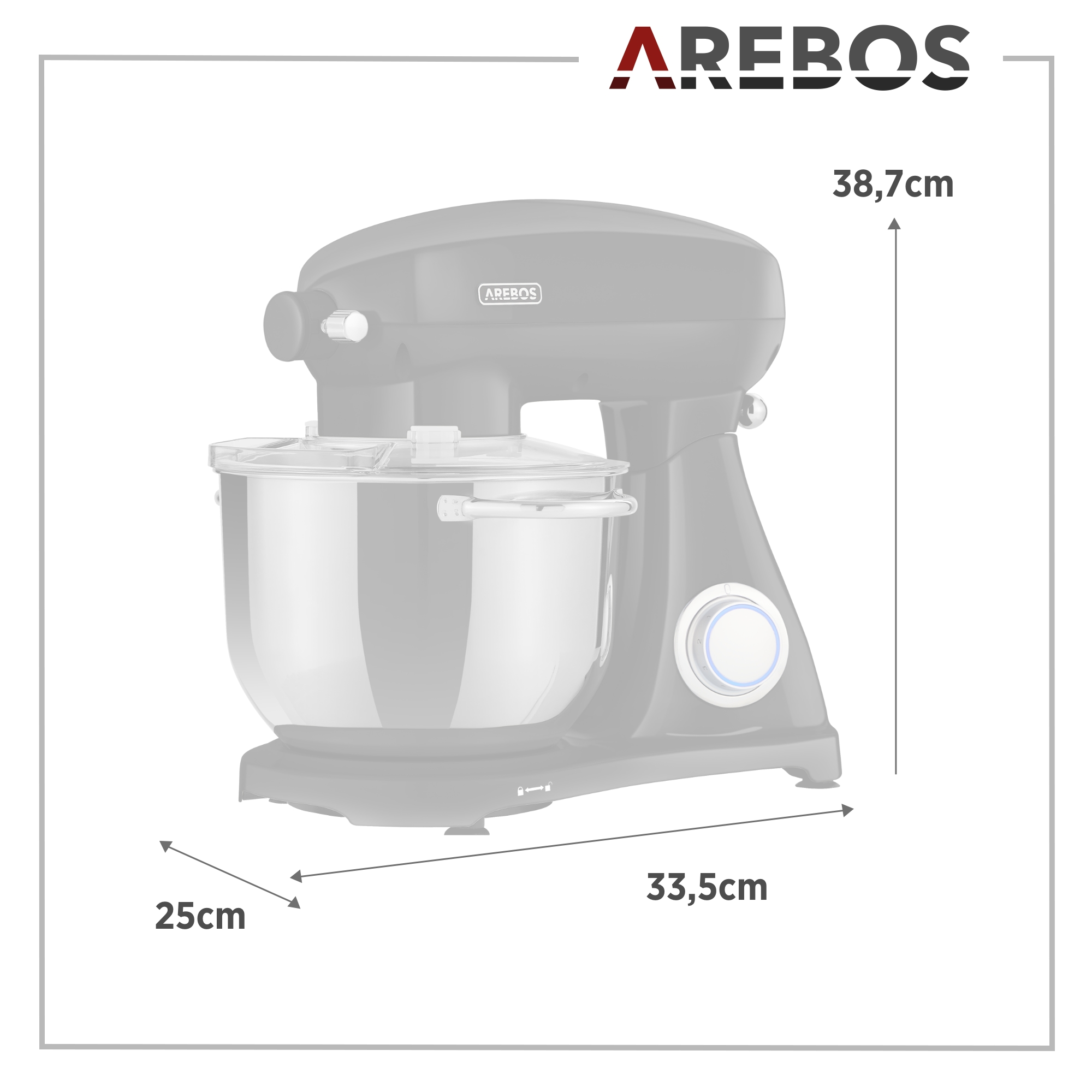 Schwarzer und silberner Küchenmixer mit Maßangaben. Weißer Hintergrund. Zeigt Arebos Logo.