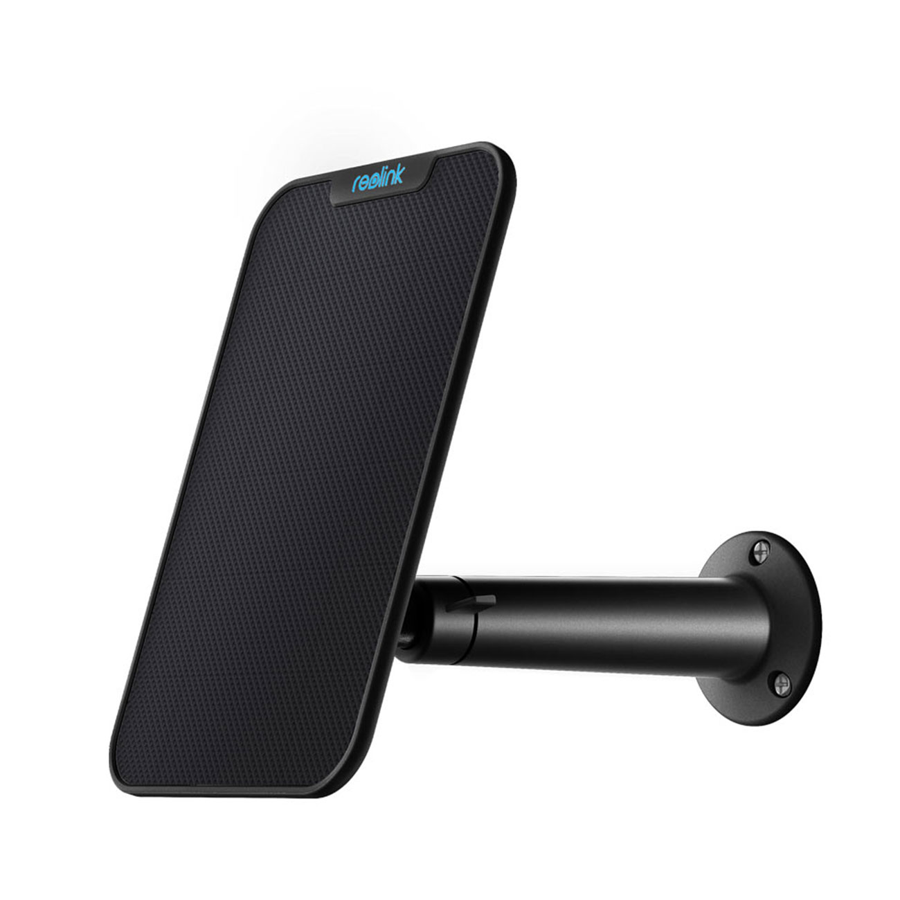 Schwarze Halterung für Sicherheitskamera, mit rechteckigem Pad und schwarzem Arm an runder Basis.