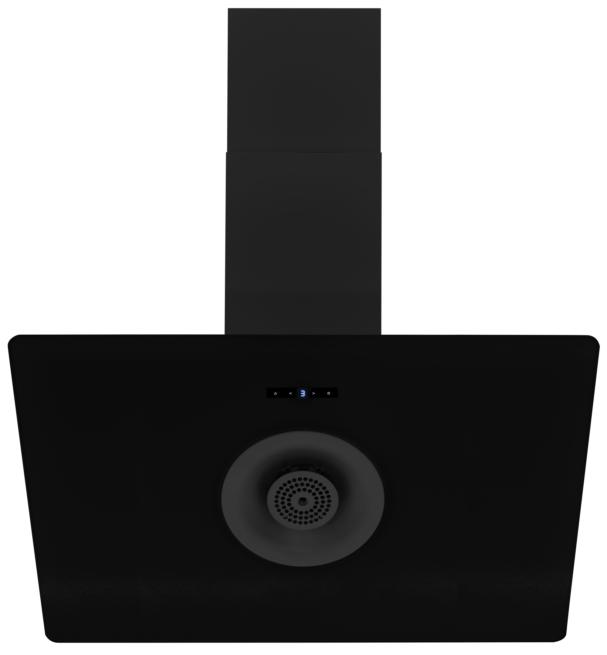 Schwarze Küchenhaube mit kreisförmigem Lüftungsdesign. Sie hat ein digitales Display.