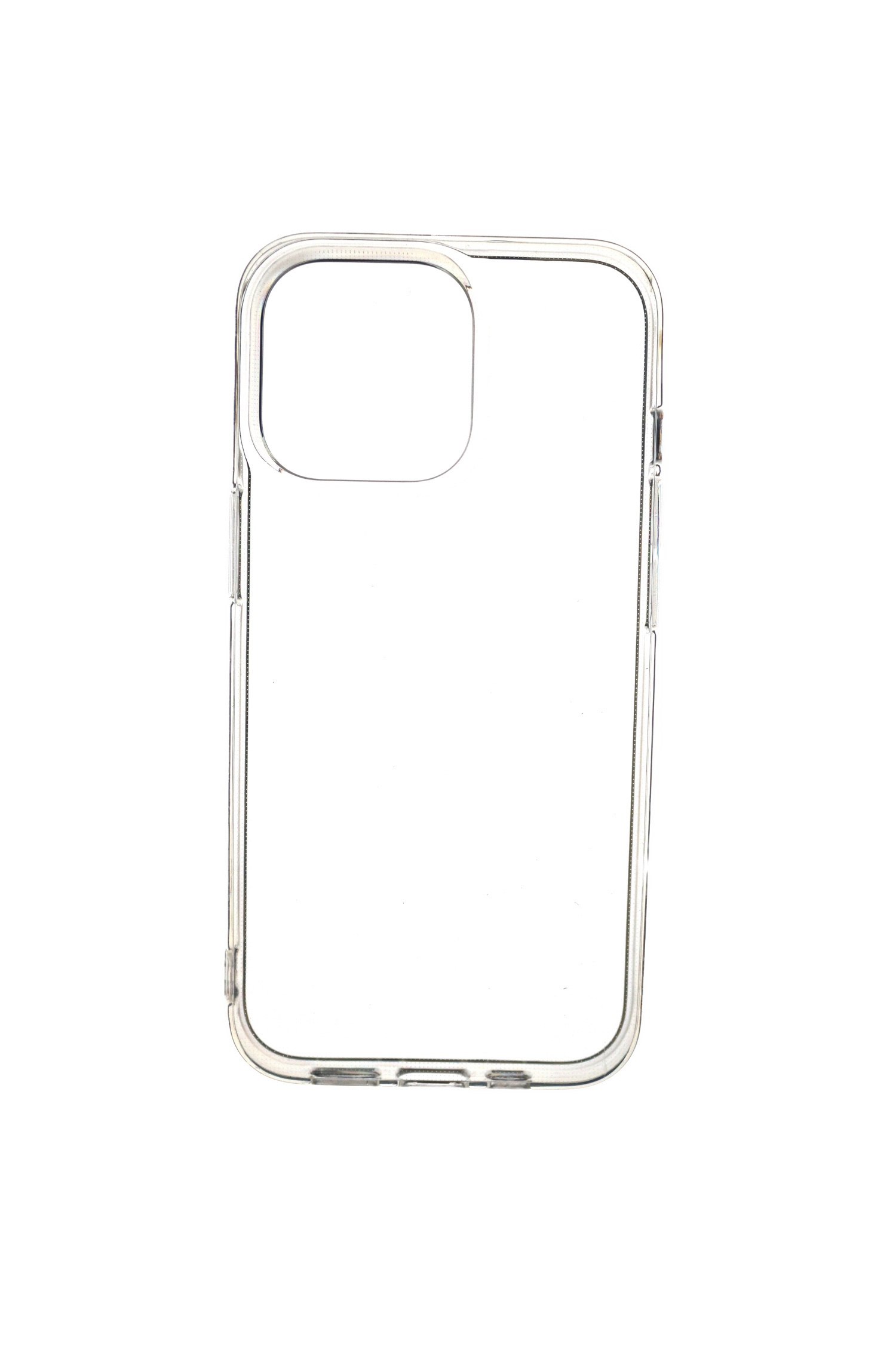 Transparente iPhone-Hülle mit Kameraöffnung und Knopfausschnitten.