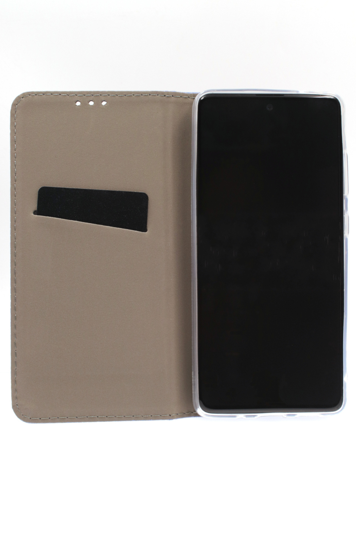 Ein Telefon in einer beigefarbenen Hülle im Brieftaschenstil, geöffnet und den Bildschirm zeigend.