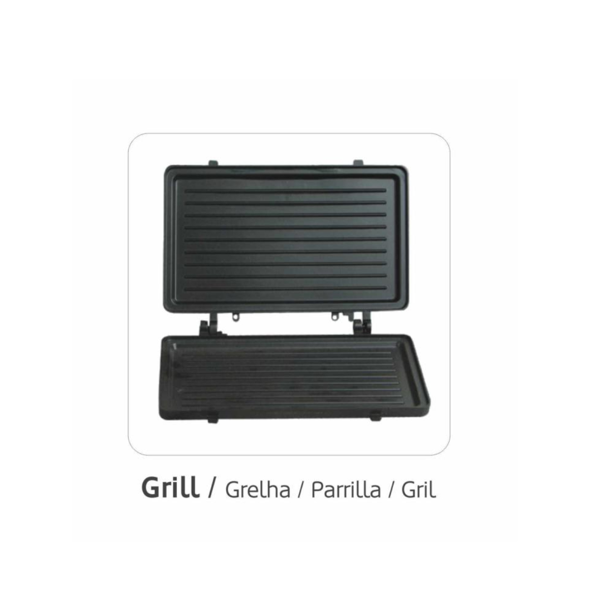 Czarny grill z żebrowaną powierzchnią, otwarty. Grill jest na białym tle i otwarty.