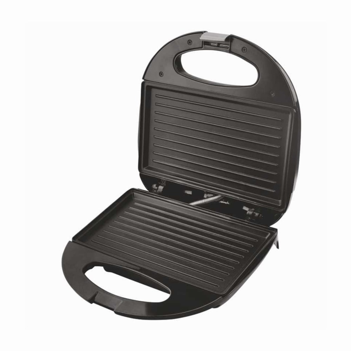 Otwarta, czarna opiekacz do kanapek z liniami grilla, gotowy do użycia.
