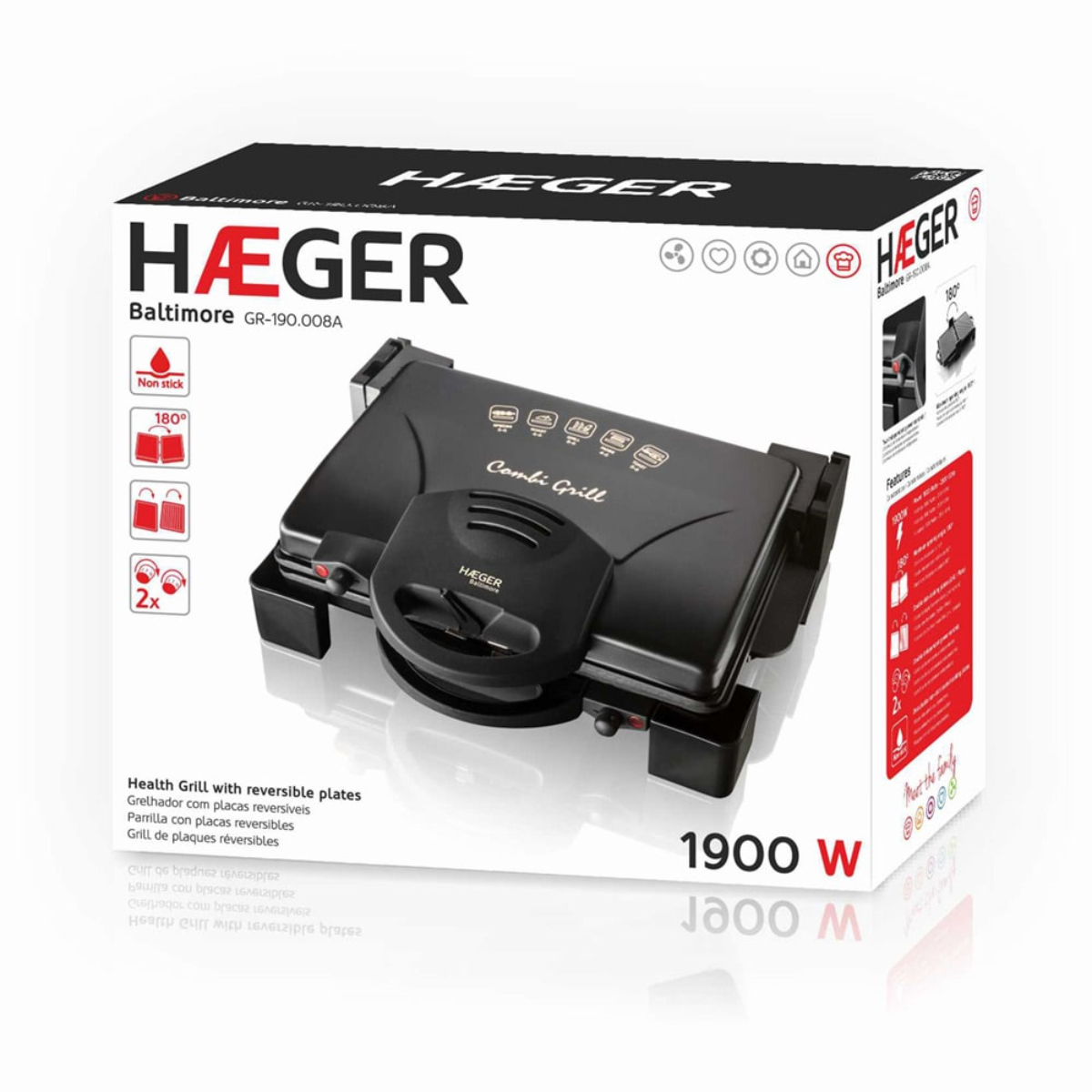 Un Combi Grill negro y plateado en caja. La caja muestra características, la marca 'HAEGER' y la potencia de 1900W.