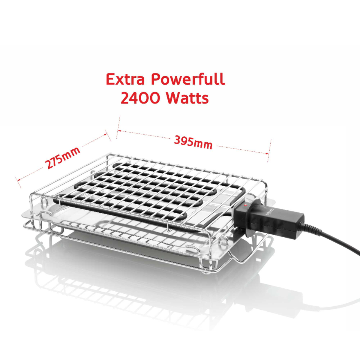 Parrilla plateada con cable de alimentación negro. El texto dice Extra Powerfull 2400 Watts.