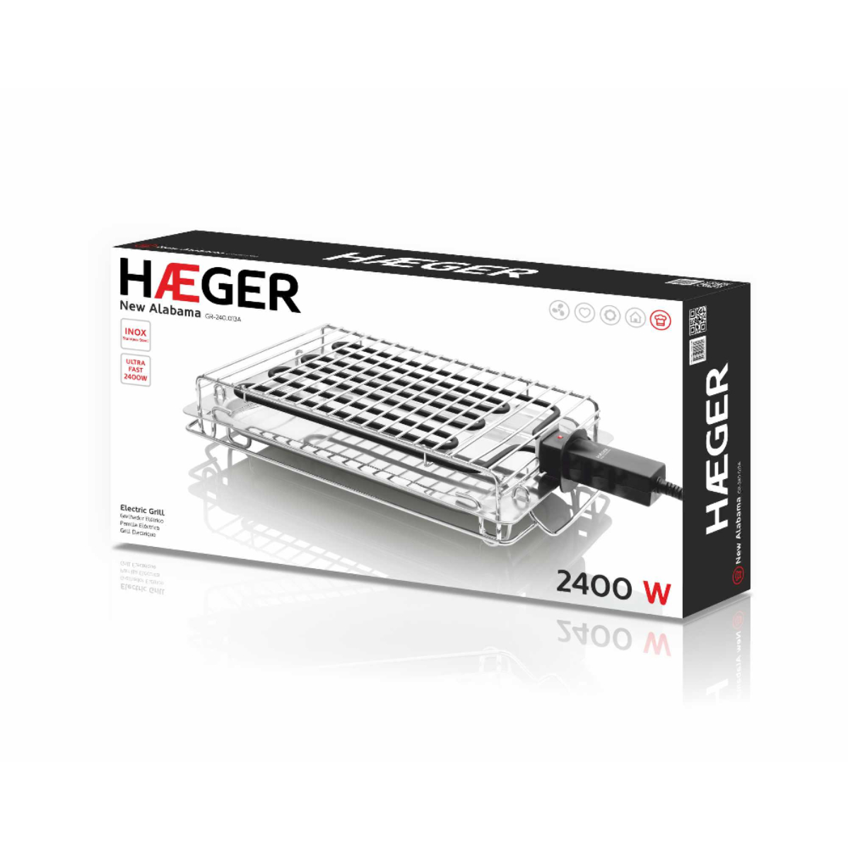 Una parrilla eléctrica negra y plateada en una caja con la marca 'HAEGER' visible.