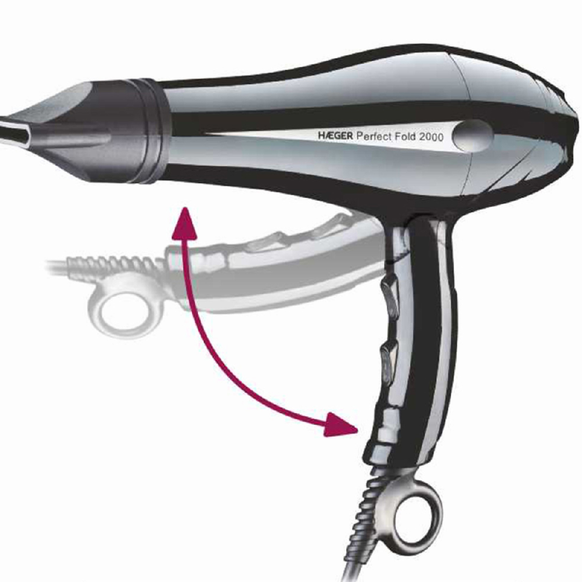 Suszarka do włosów ze składanym uchwytem, pokazująca kierunek składania strzałką.