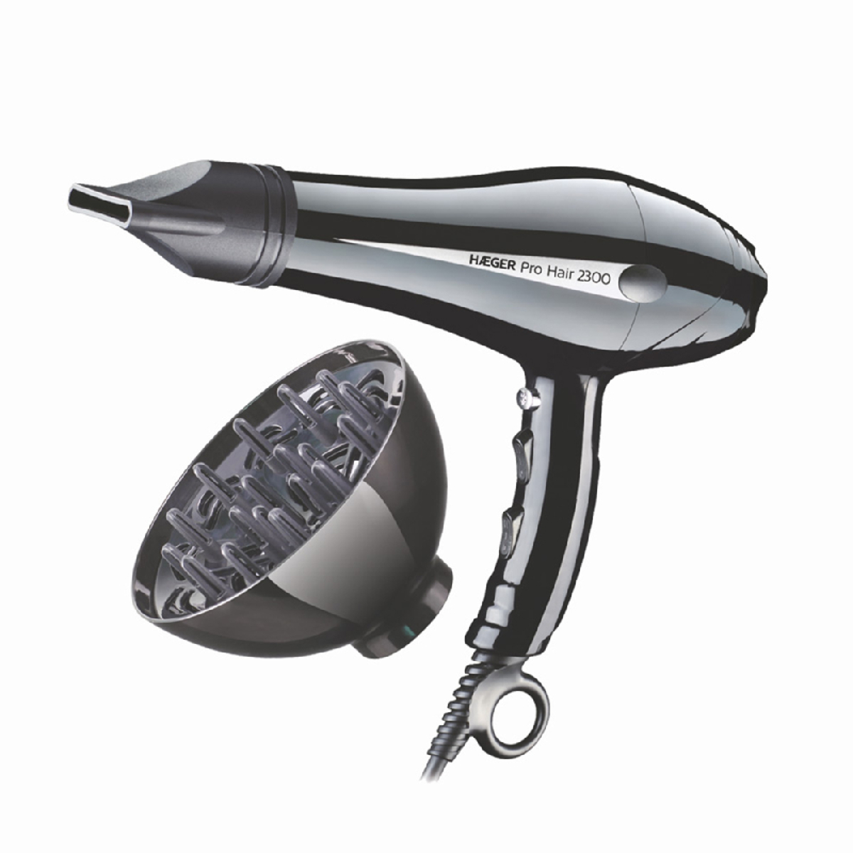 Secador de pelo negro con difusor. El secador es negro brillante, y el difusor está cerca.