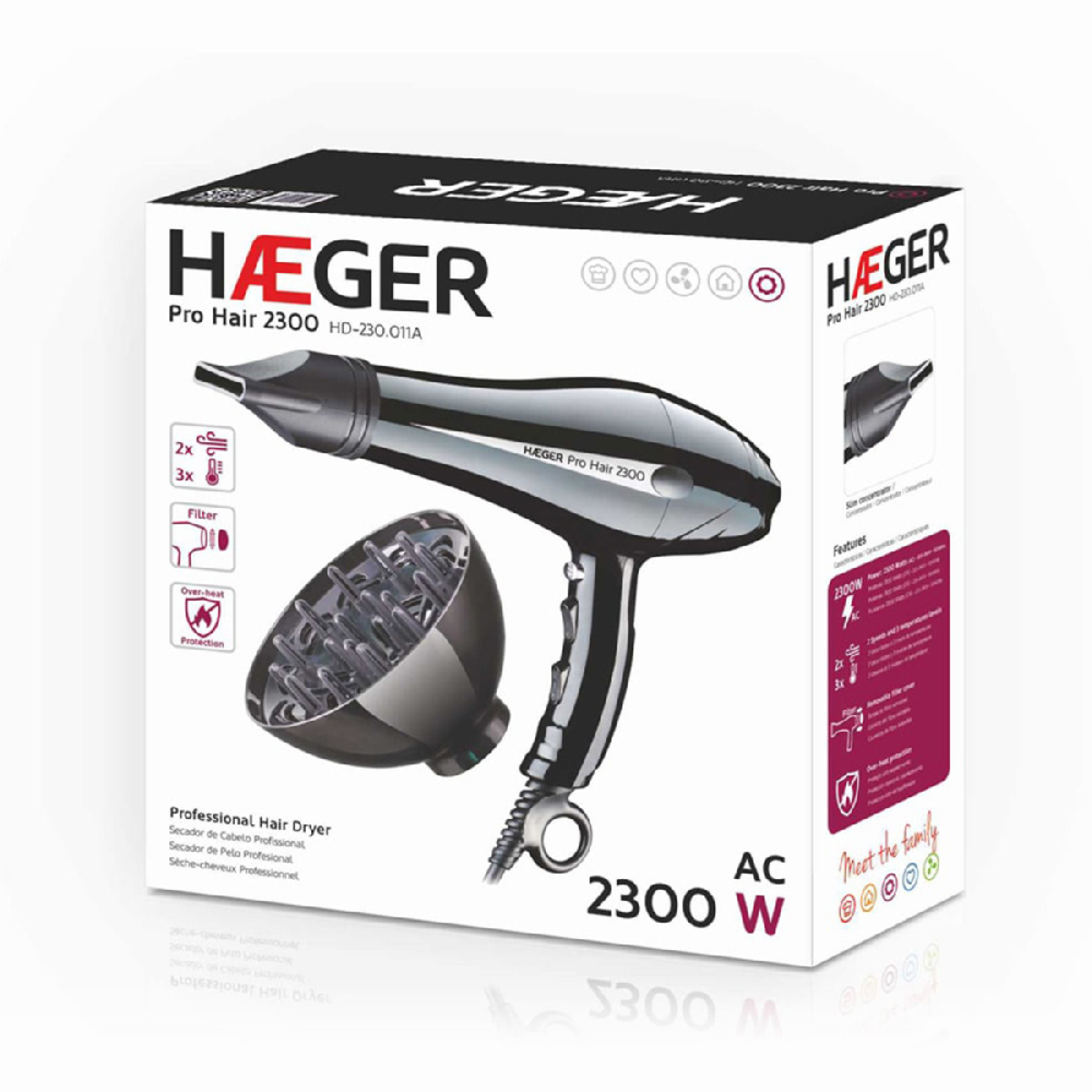 Caja de secador de pelo, negro y plata, con imagen de secador.