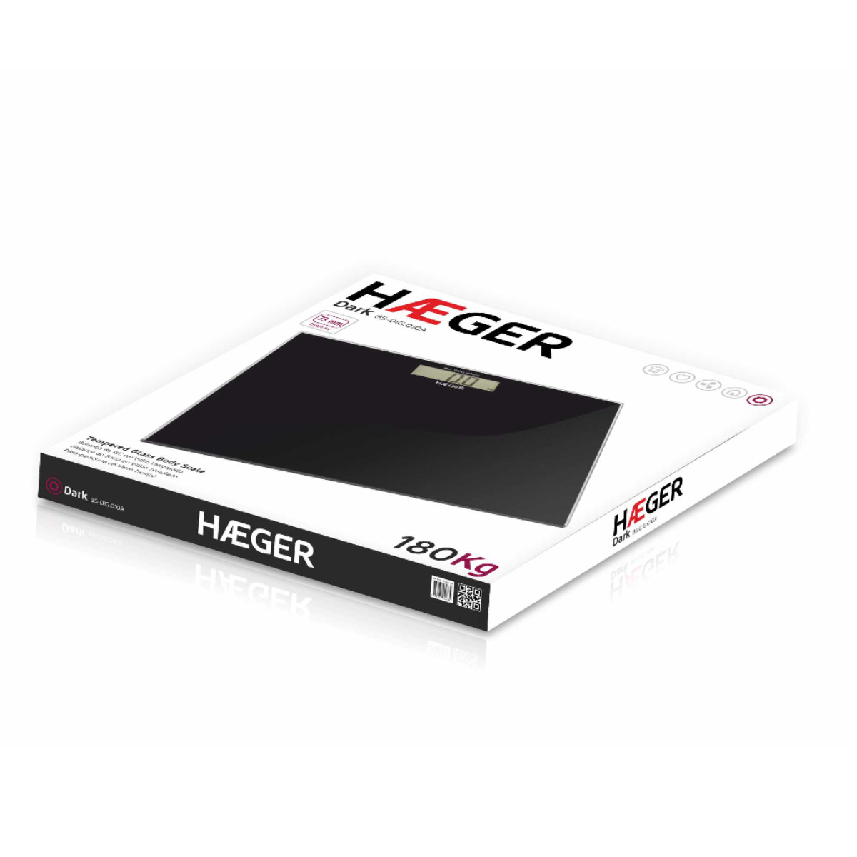 Pudełko z czarną cyfrową wagą łazienkową. Waga jest widoczna na górze pudełka.