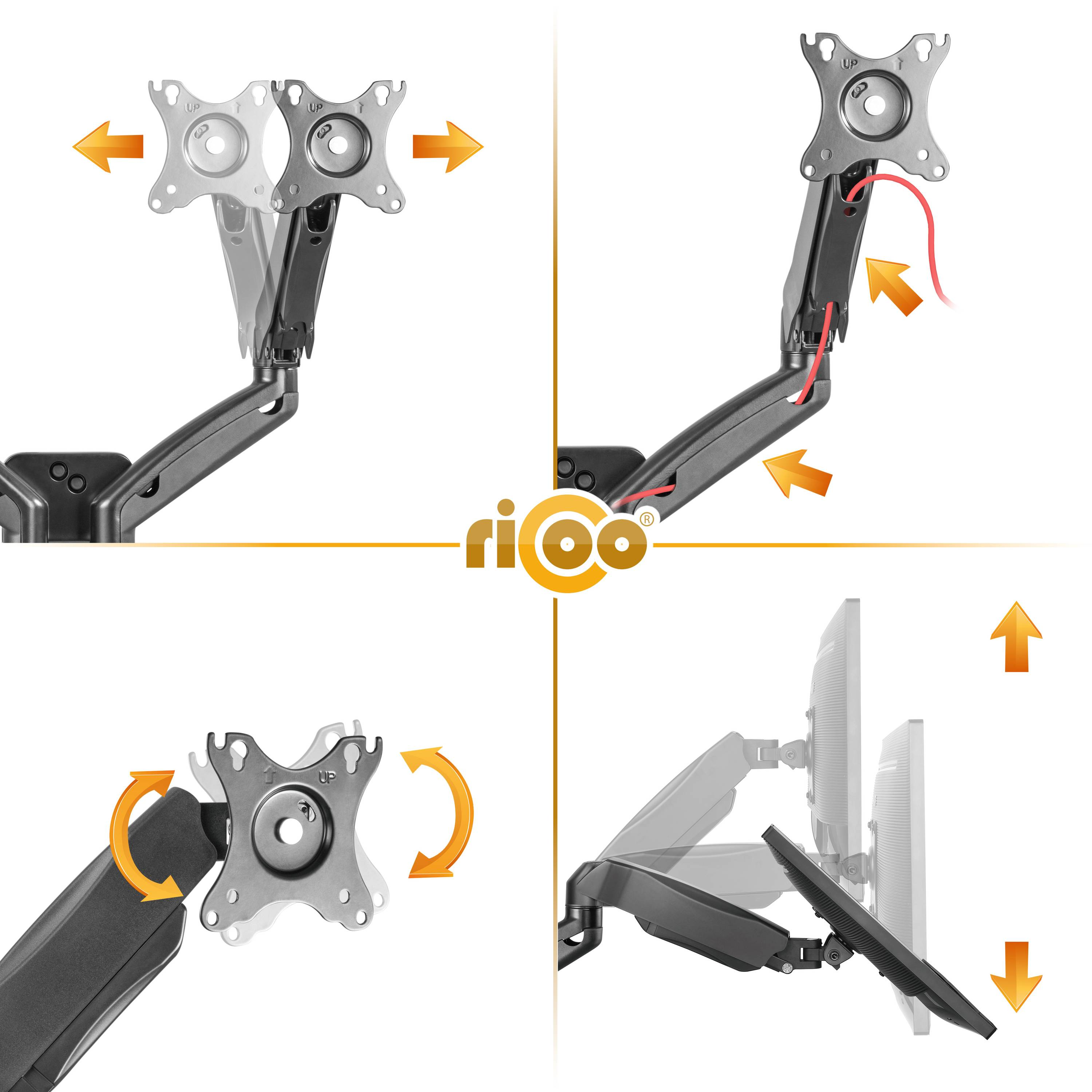 Diagramm, das die Einstellung des Monitorarms zeigt, mit Pfeilen, die Bewegungsrichtungen anzeigen.