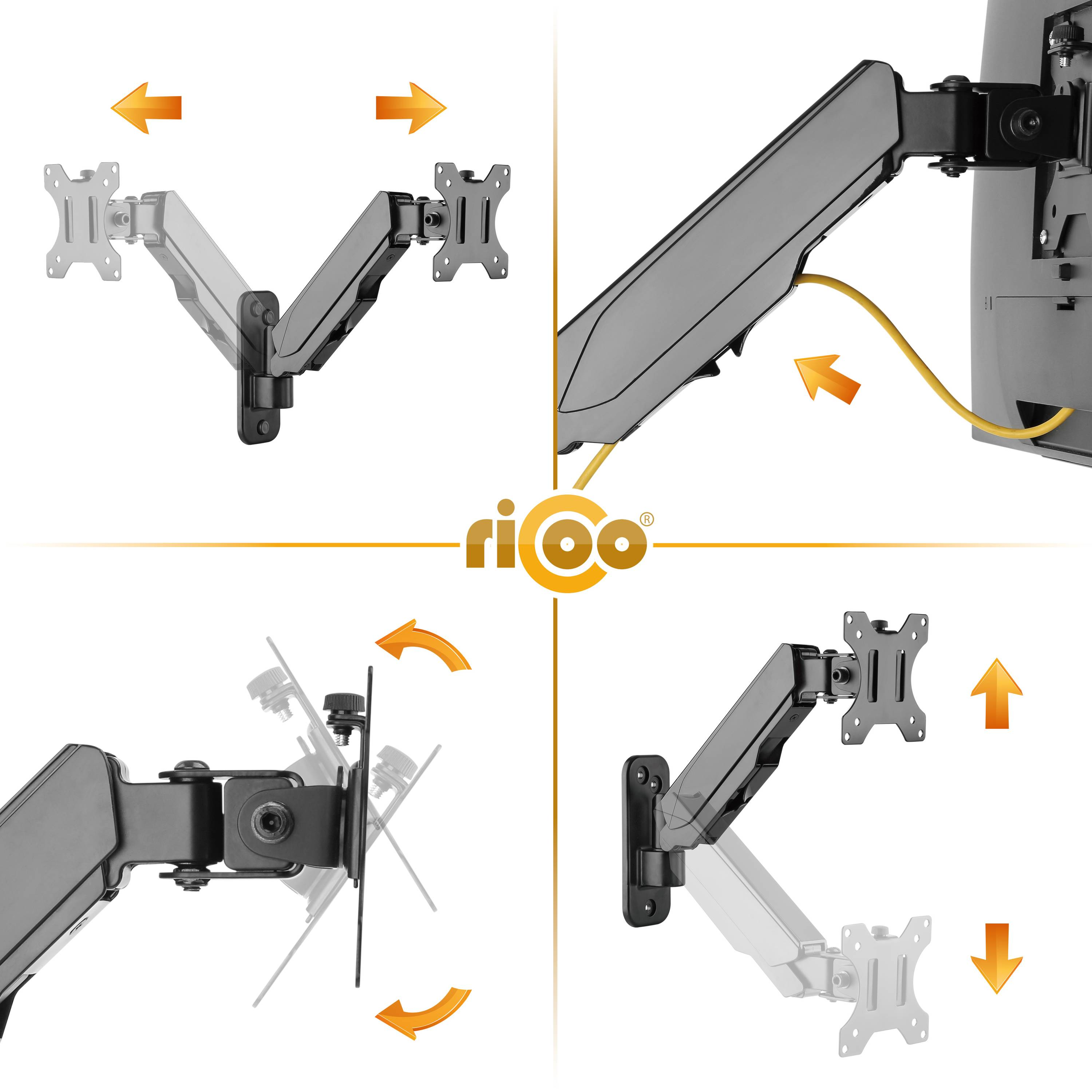 Schwarz neigbar x schwenkbar RICOO Gasfeder Monitor VESA universal TV Halterung curved S4911 Wand 100 Wandhalterung, 100