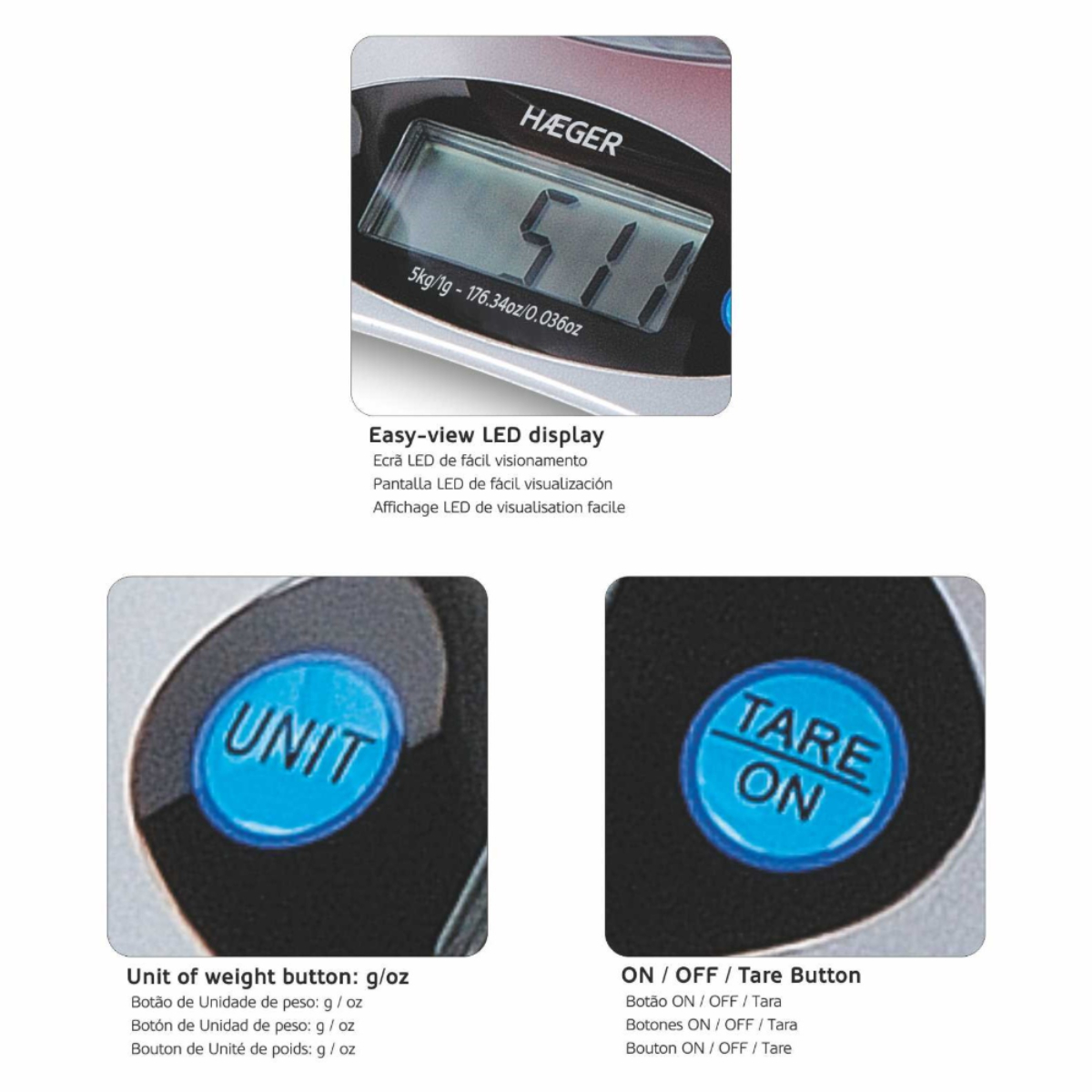 Waga cyfrowa z wyświetlaczem LED pokazującym wagę 5,1. Widoczne przyciski jednostki i tary.