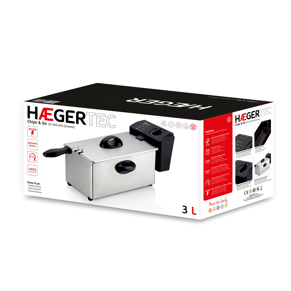 Frytownica w pudełku. Przód pokazuje nazwę marki, obraz i funkcje.