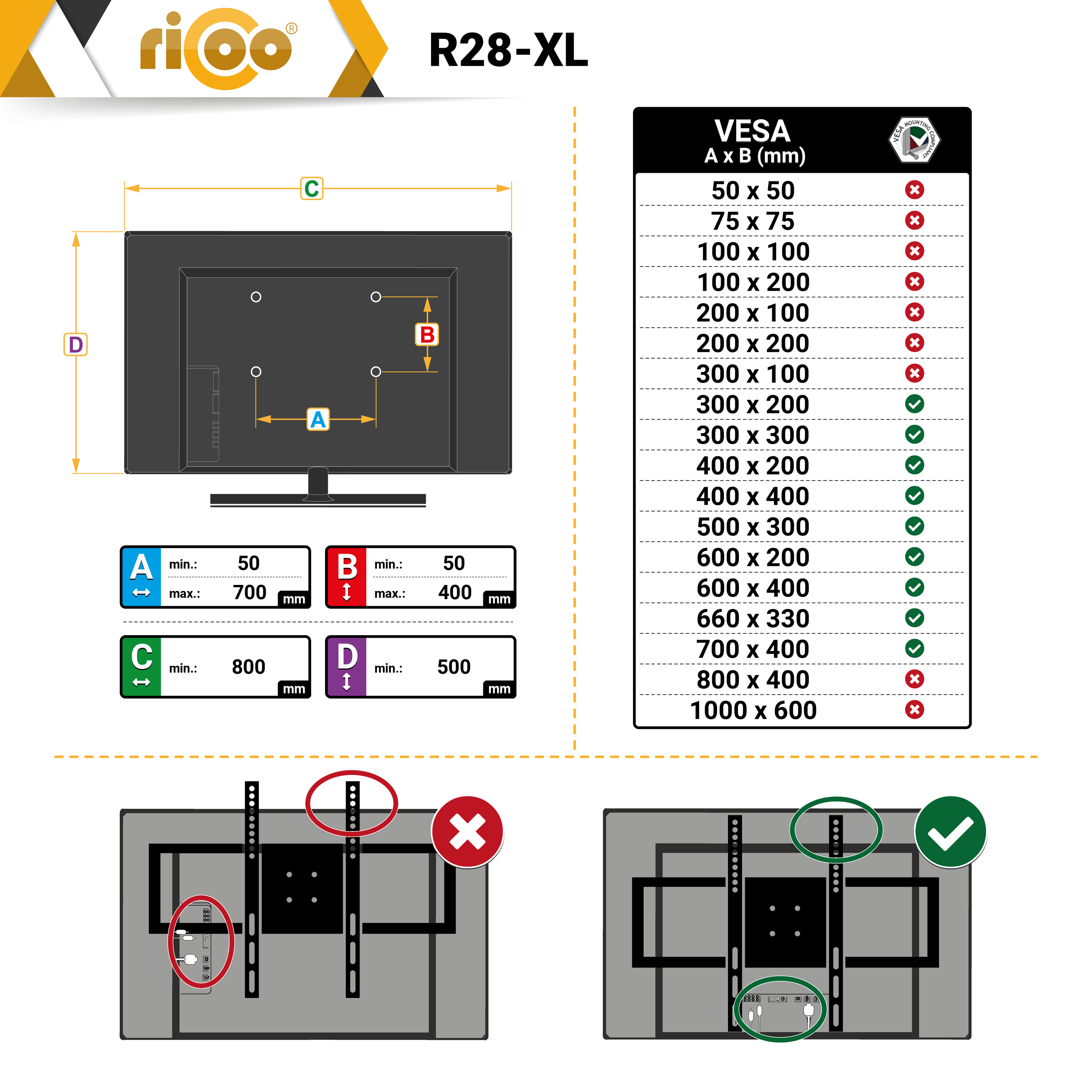 400 Wandhalterung, Fernseher VESA RICOO x Schwarz universal R28-XL ausziehbar 600 TV schwenkbar curved Halterung neigbar