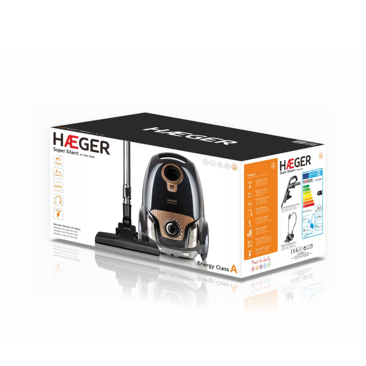 Pudełko od odkurzacza z napisem 'HAEGER Super Silent VC-750 G9A', z odkurzaczem i etykietą energetyczną.