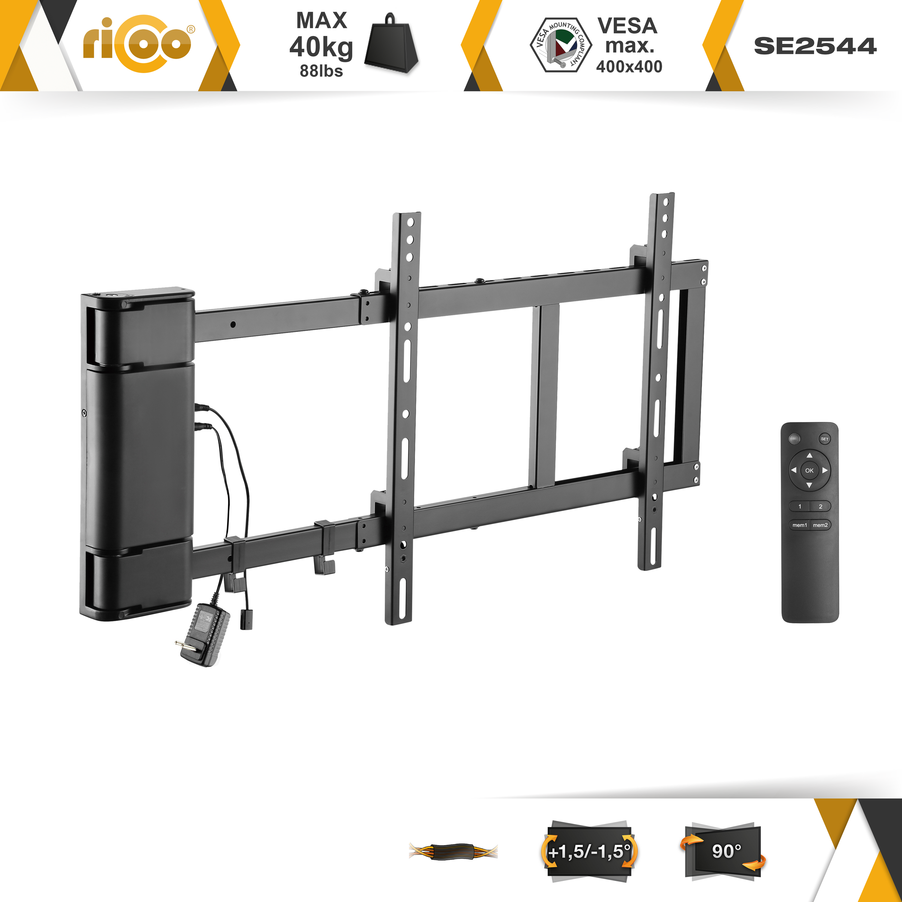 RICOO SE2544 elektrisch schwenkbar ausklappbar TV universal 400 Fernseher Wandhalterung, bis VESA Halterung 400 Schwarz x